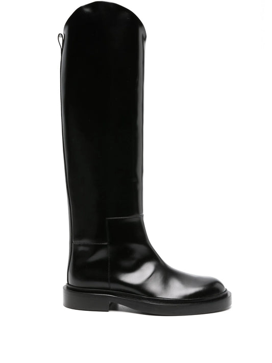 asymmetric leather boots