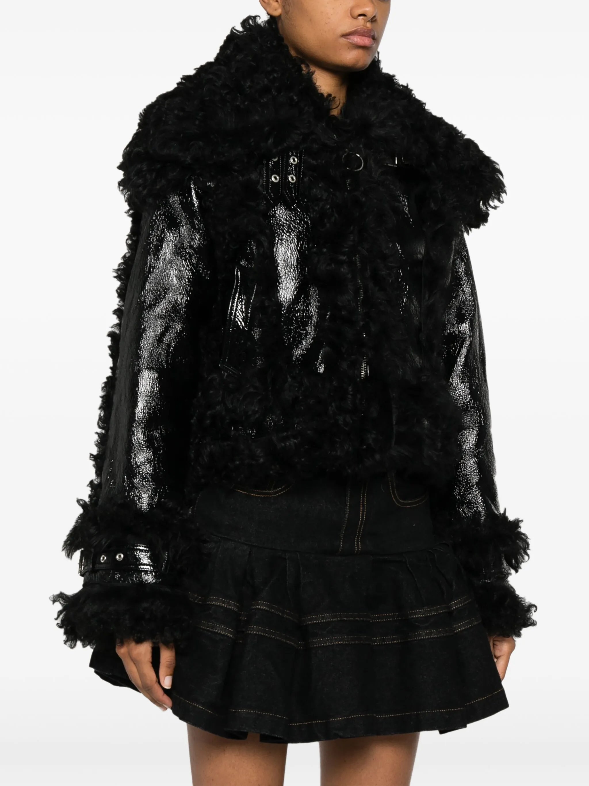 shearling-trim leather jacket