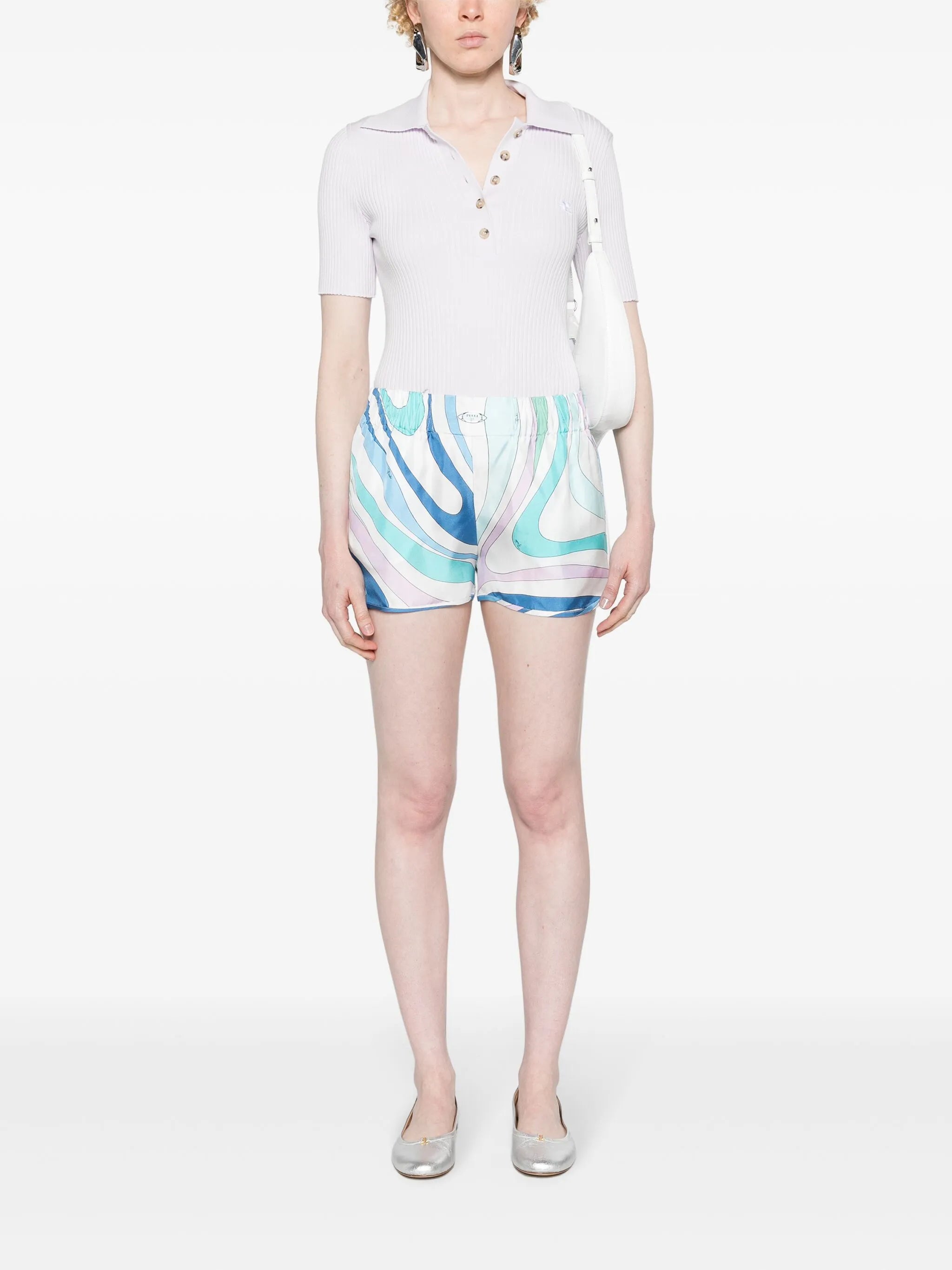 Iride-print silk shorts