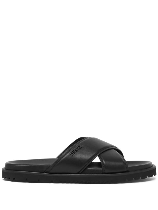 logo-lettering leather slides