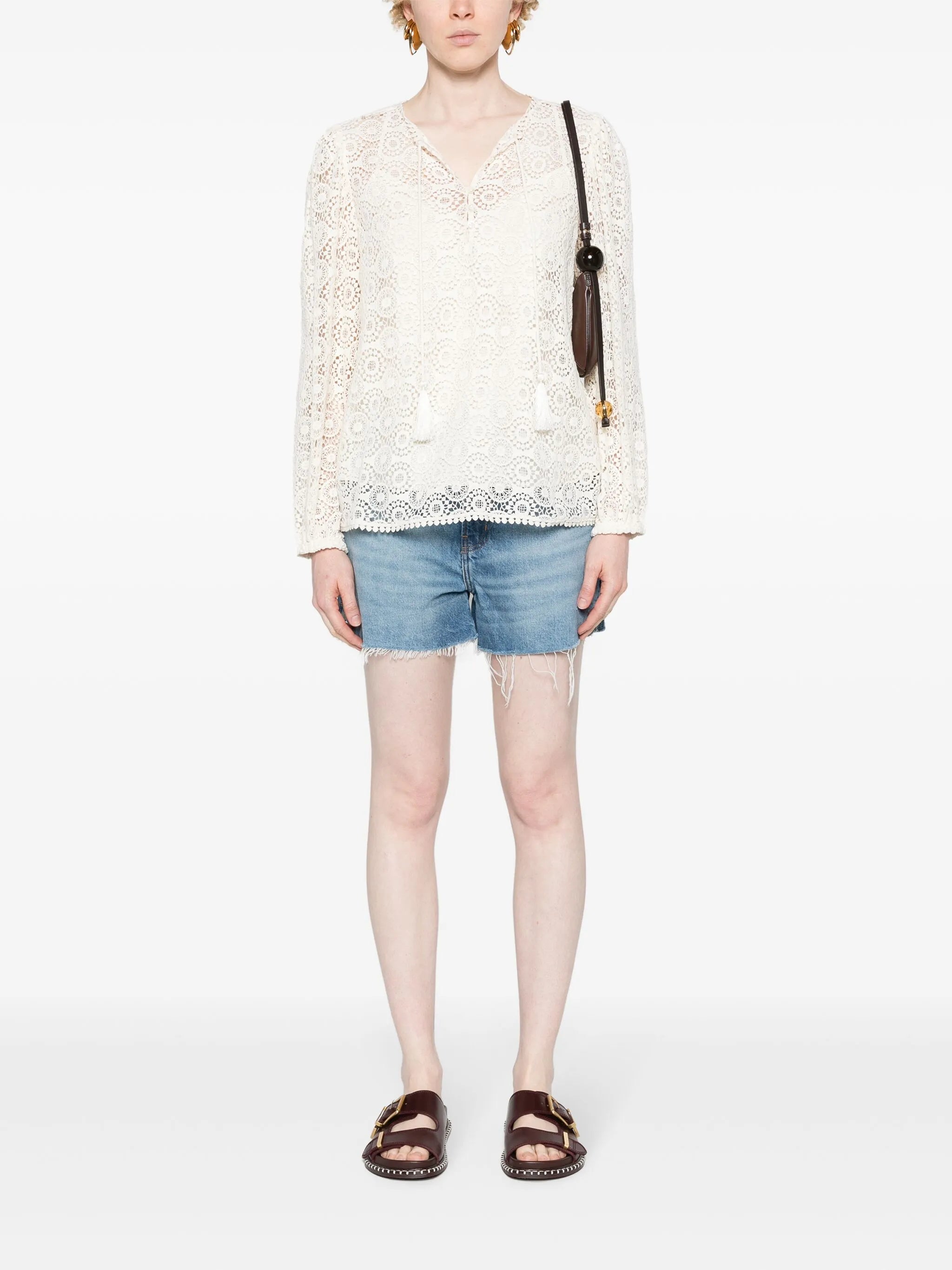 tassel-detail guipure-lace blouse