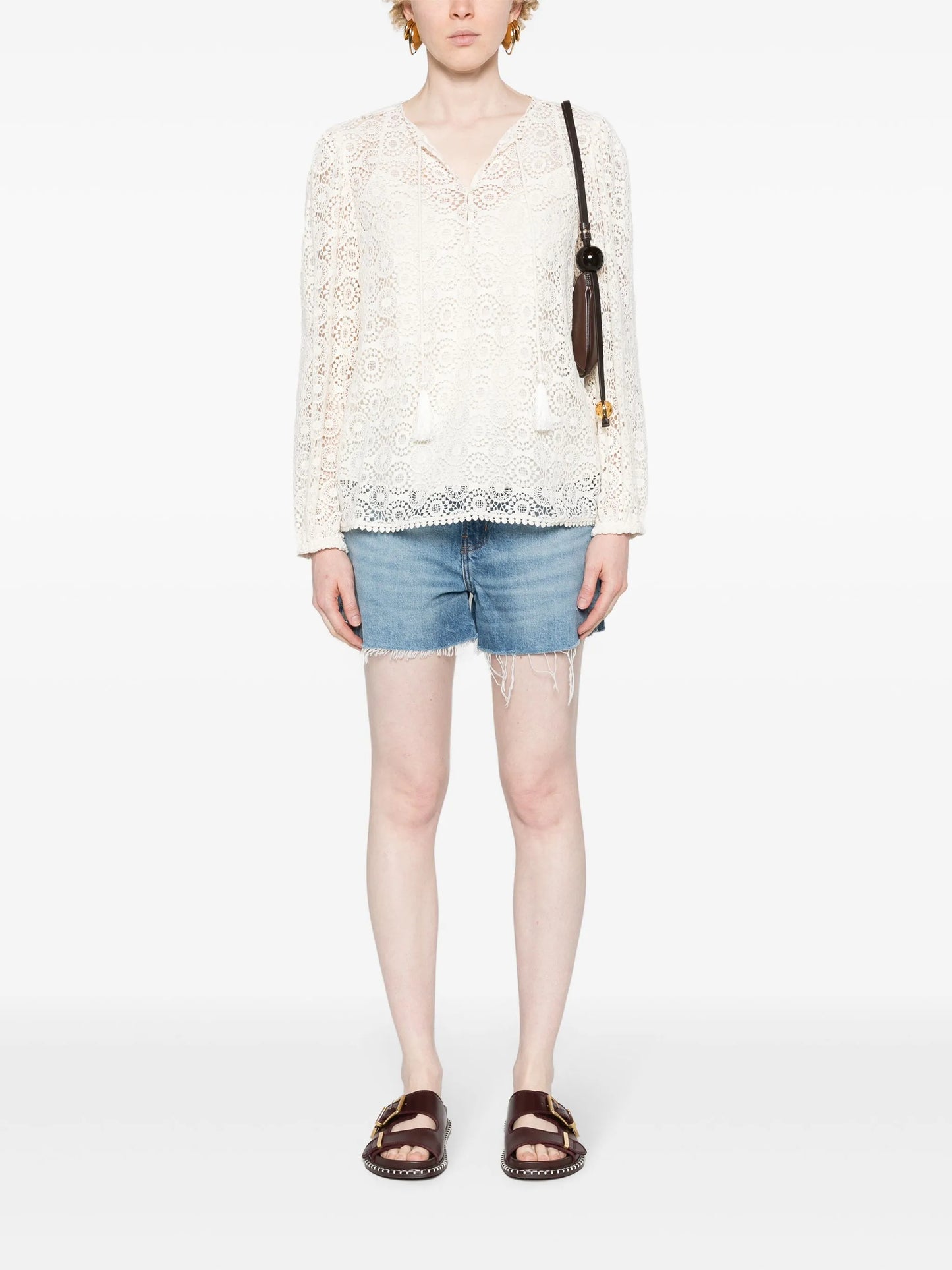 tassel-detail guipure-lace blouse