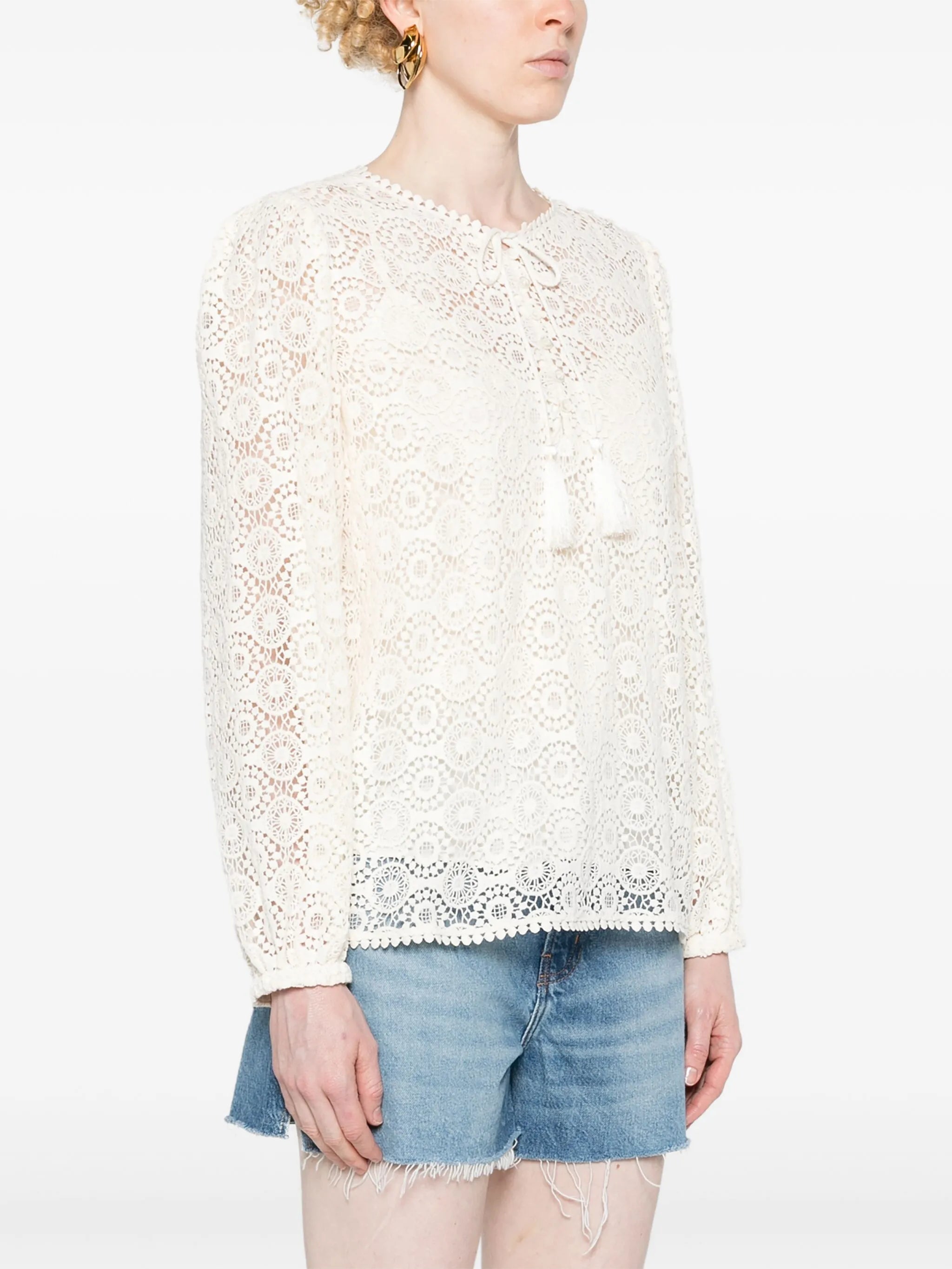 tassel-detail guipure-lace blouse