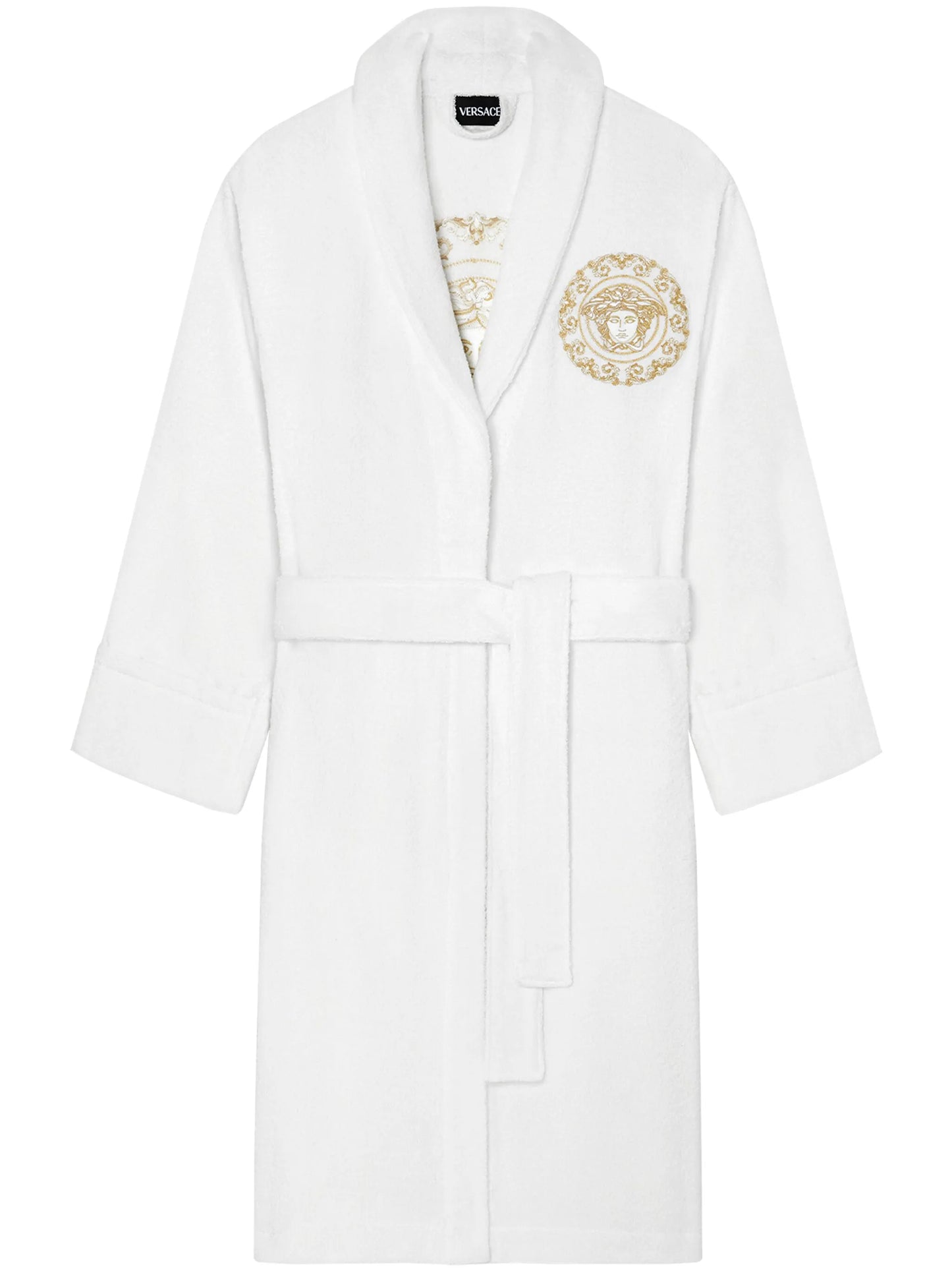 Medusa-embroidered belted bath robe