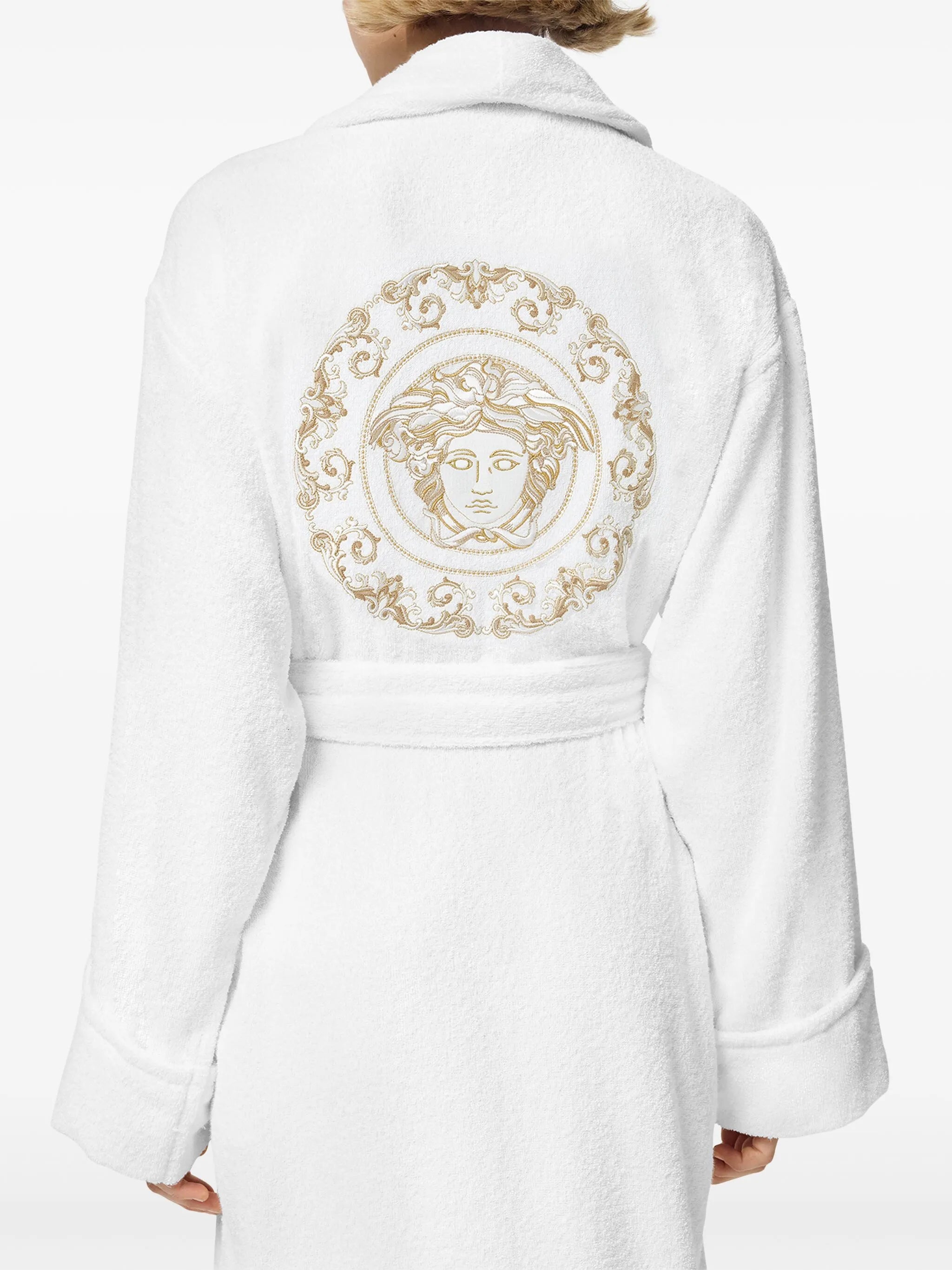 Medusa-embroidered belted bath robe