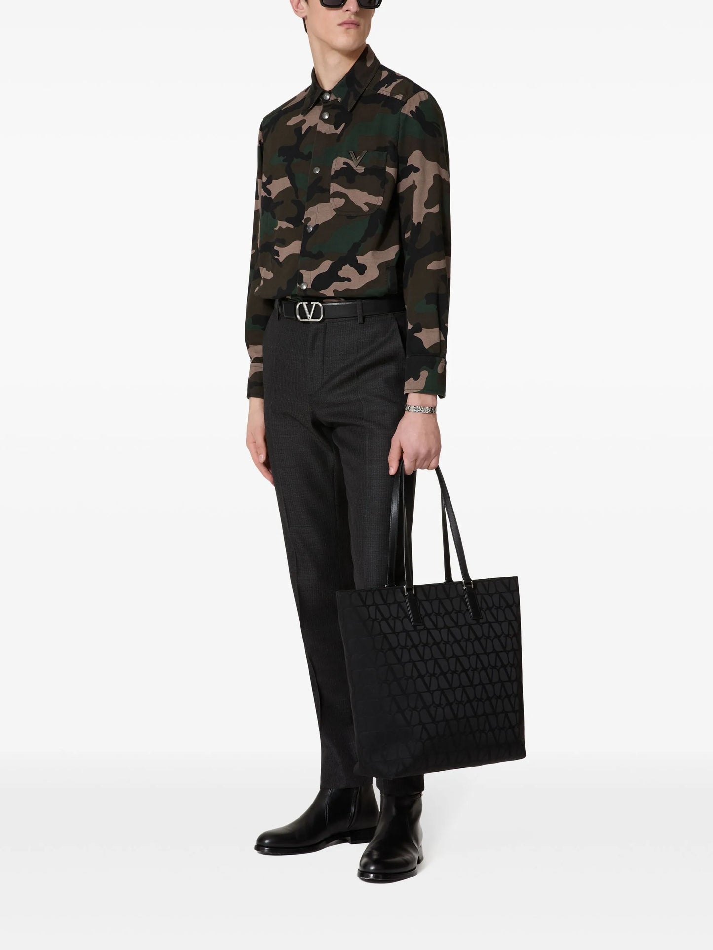 V-detail camouflage-print shirt jacket
