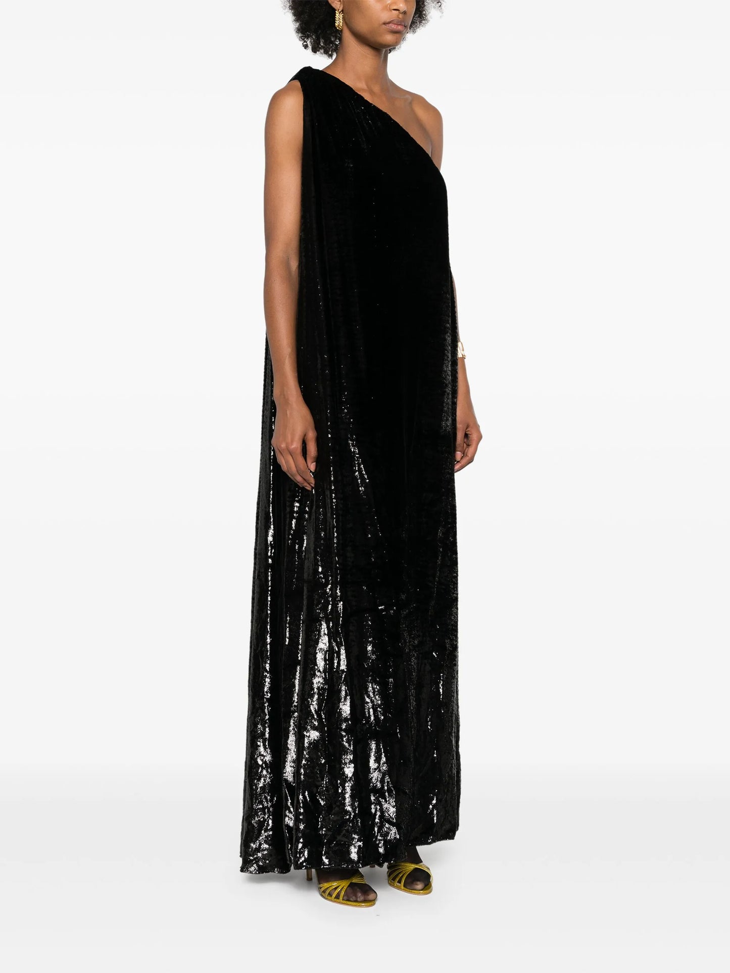 one-shoulder lamé-effect dress