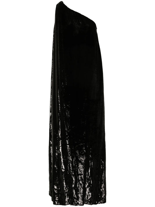 one-shoulder lamé-effect dress