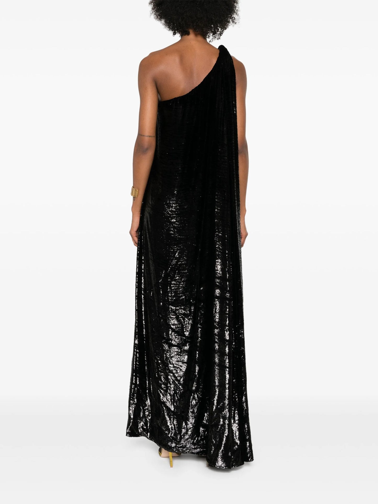 one-shoulder lamé-effect dress