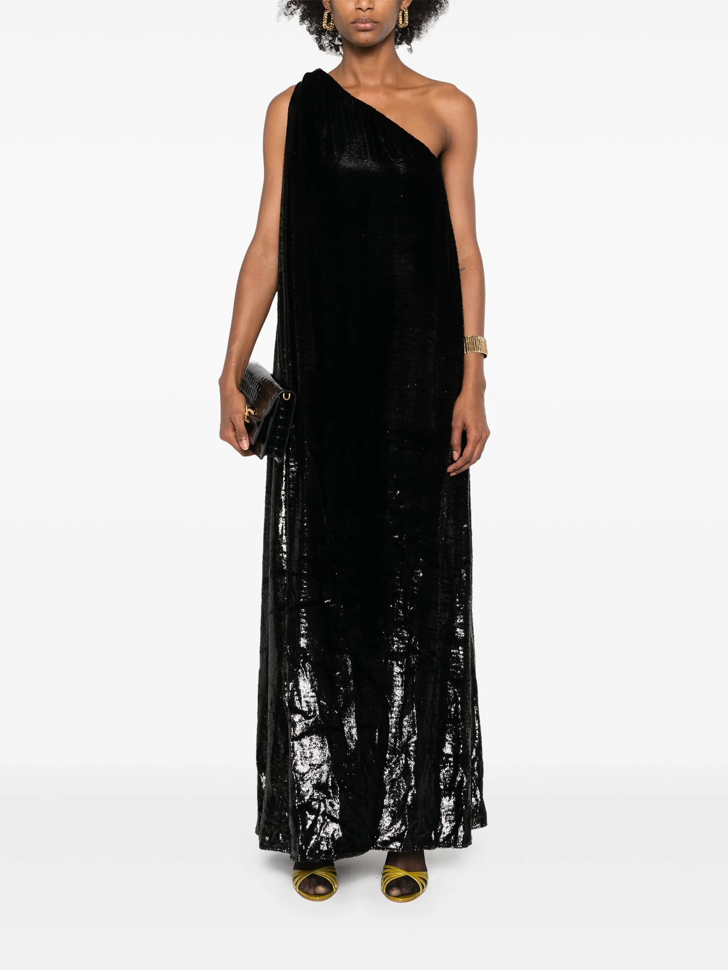 one-shoulder lamé-effect dress