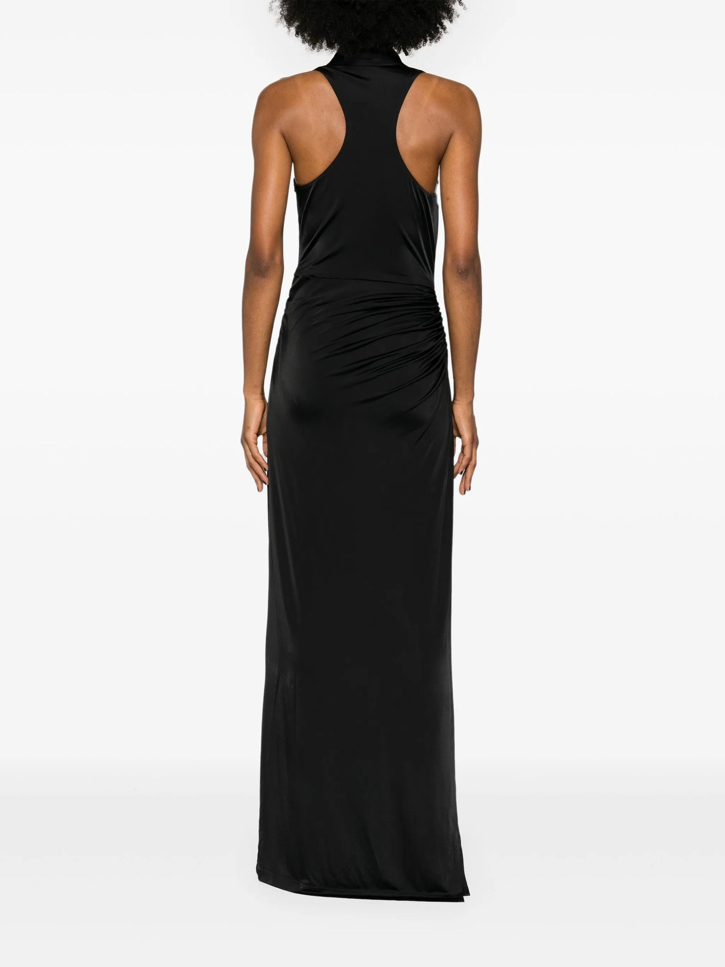 draped sleeveless gown