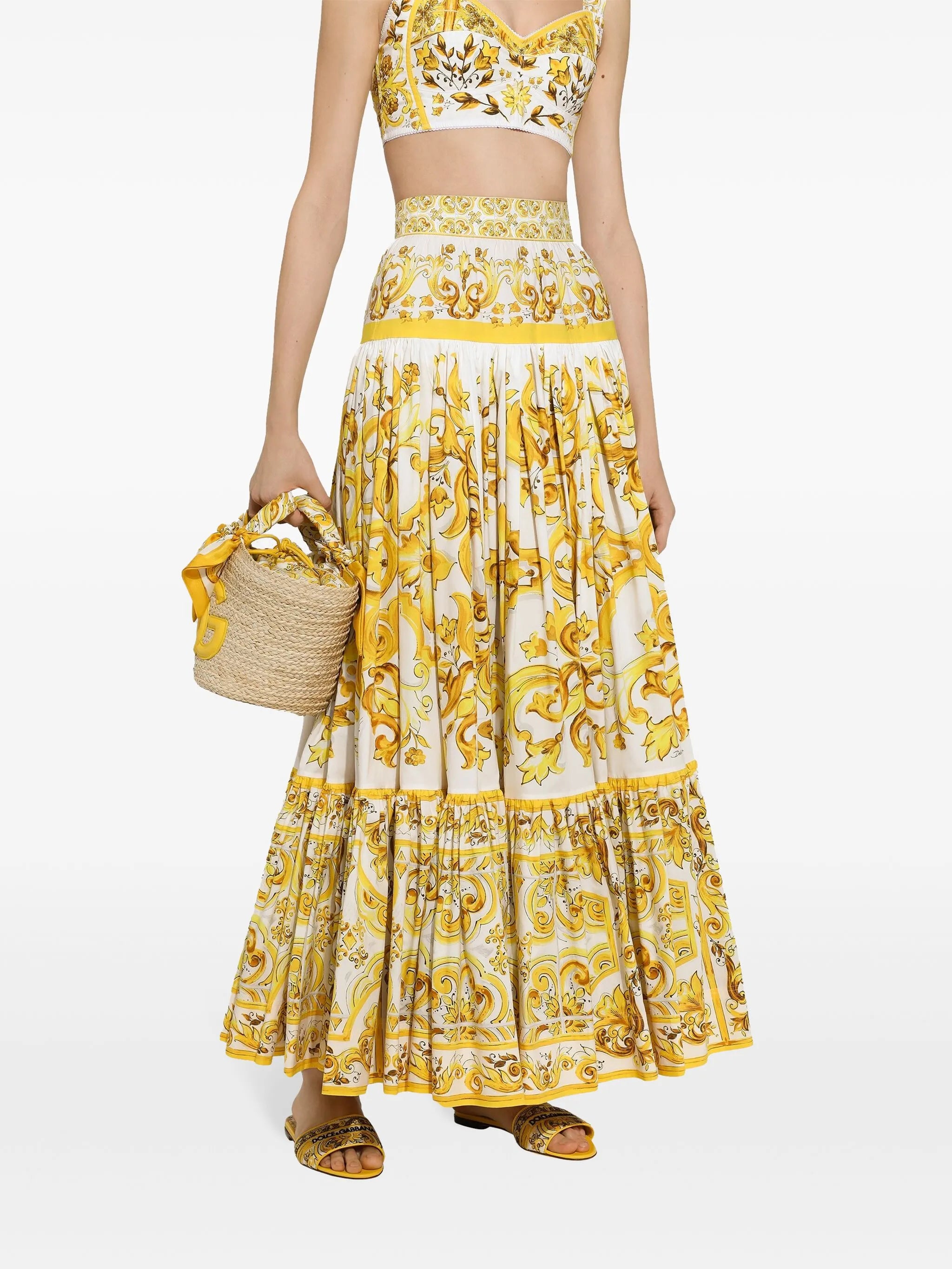 Majolica-print pleated maxi skirt