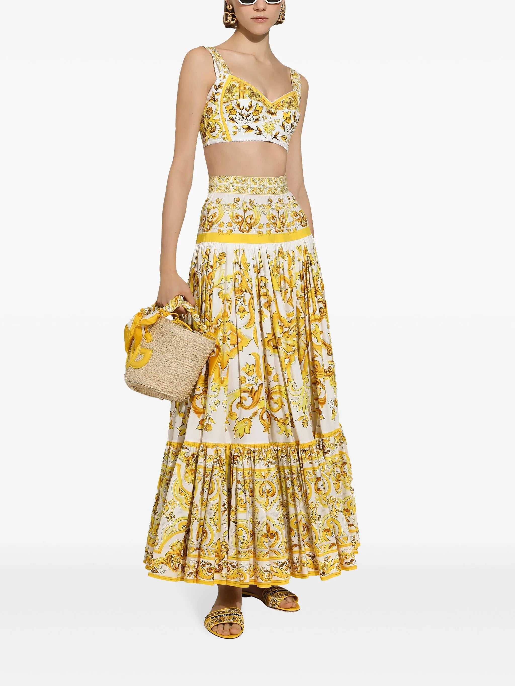 Majolica-print pleated maxi skirt