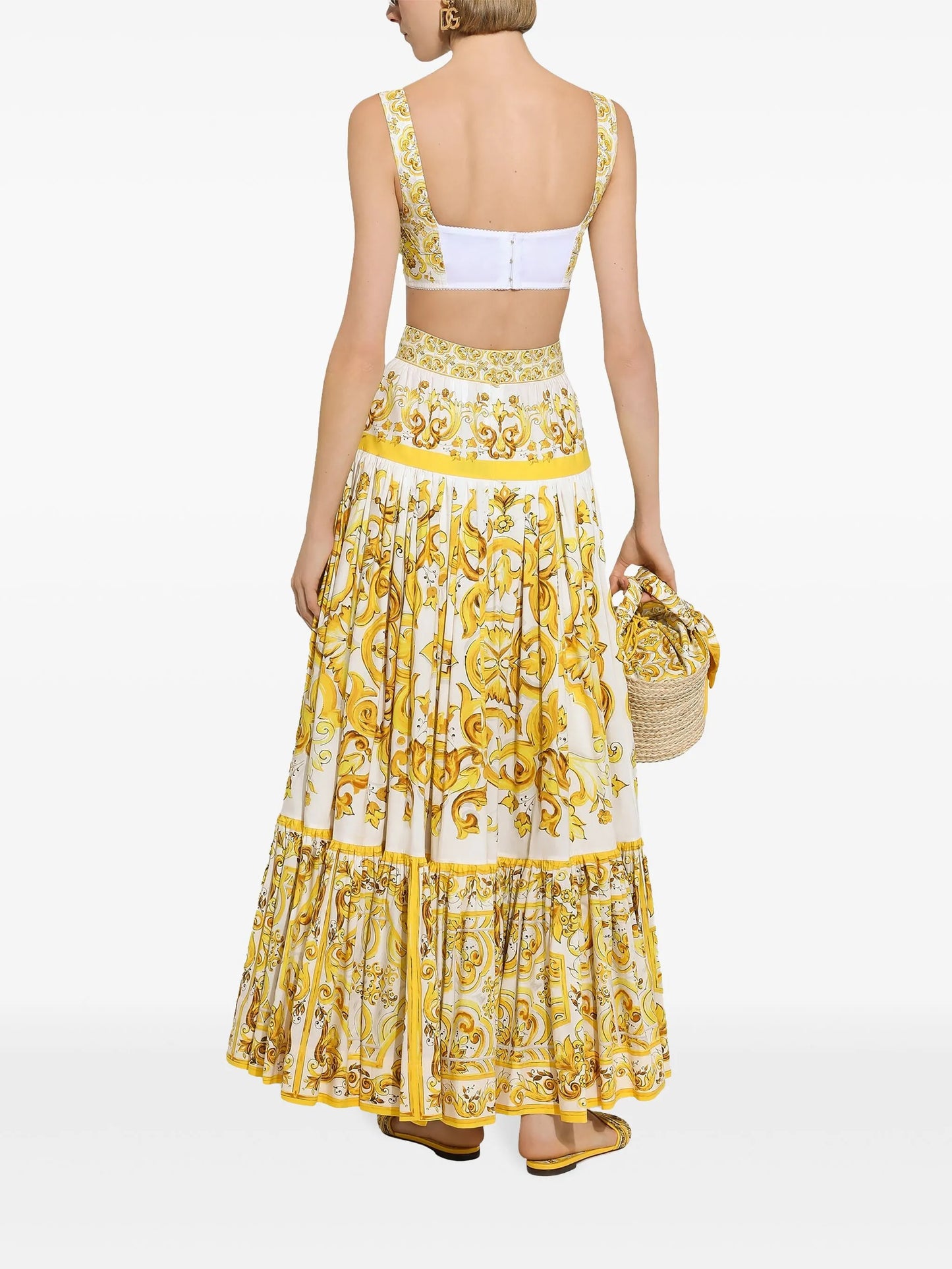 Majolica-print pleated maxi skirt