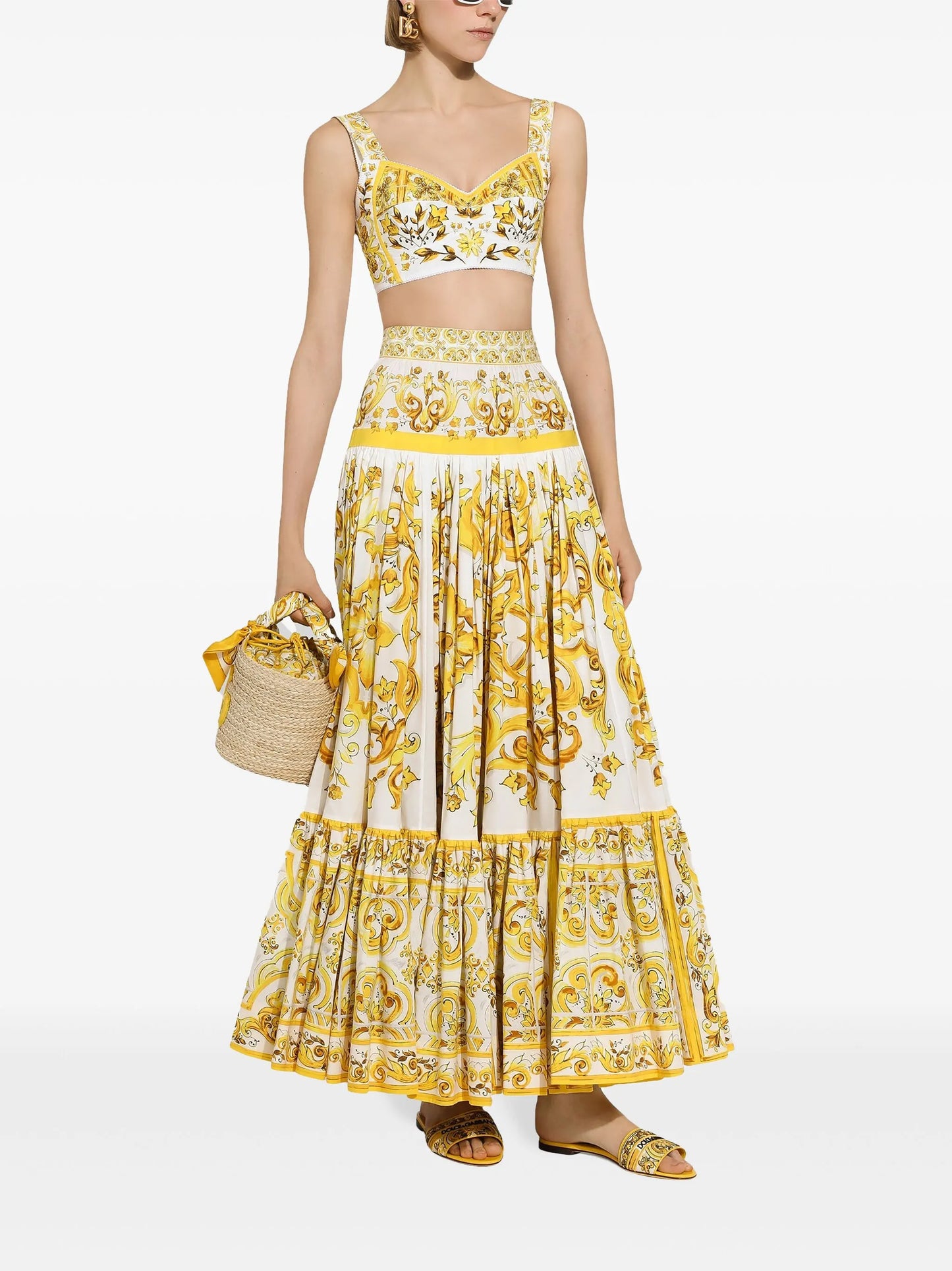 Majolica-print pleated maxi skirt