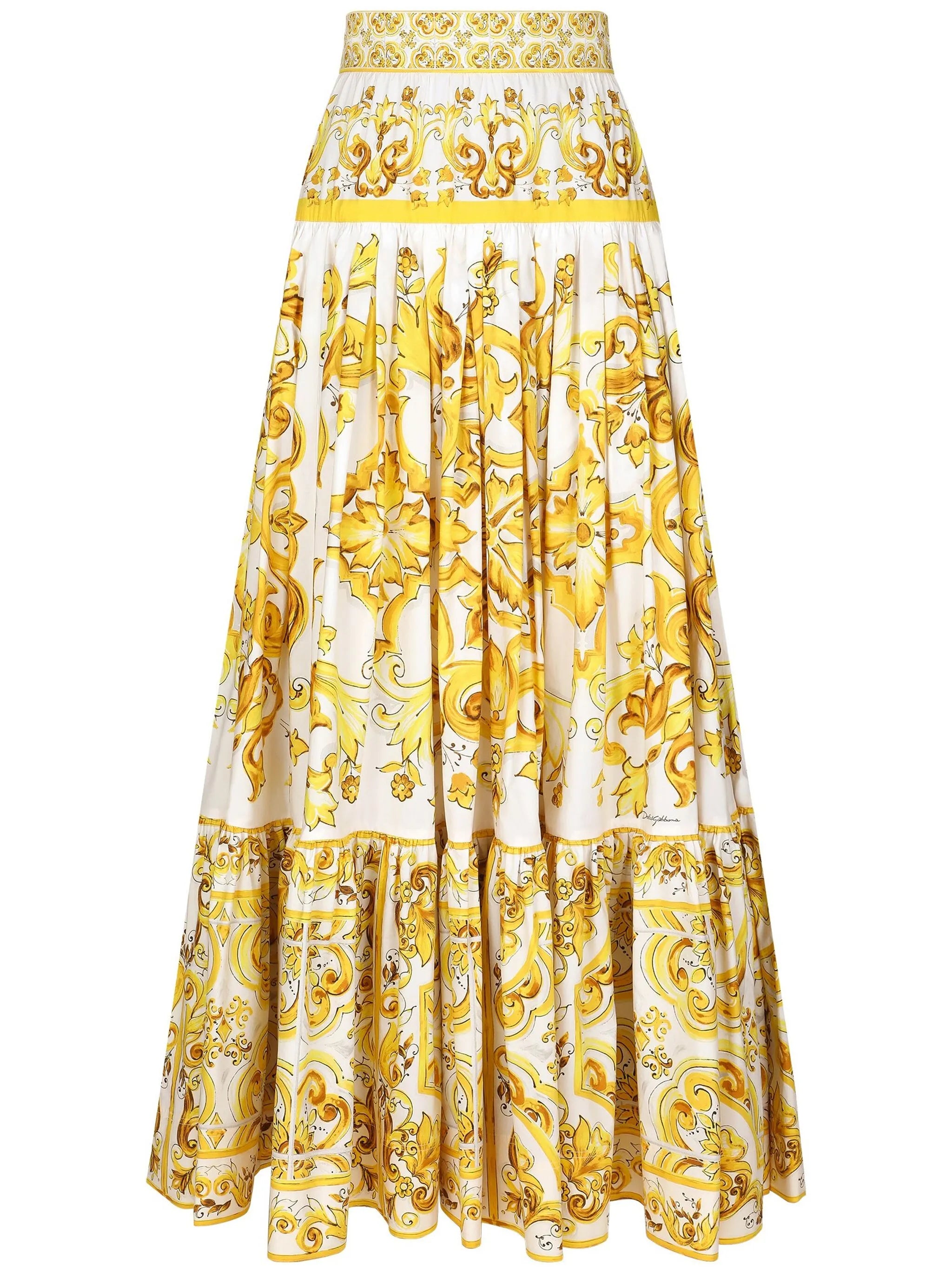 Majolica-print pleated maxi skirt