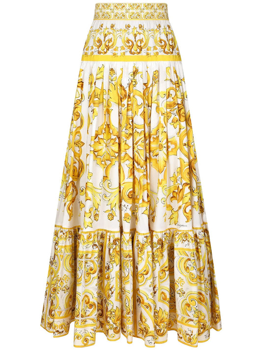 Majolica-print pleated maxi skirt