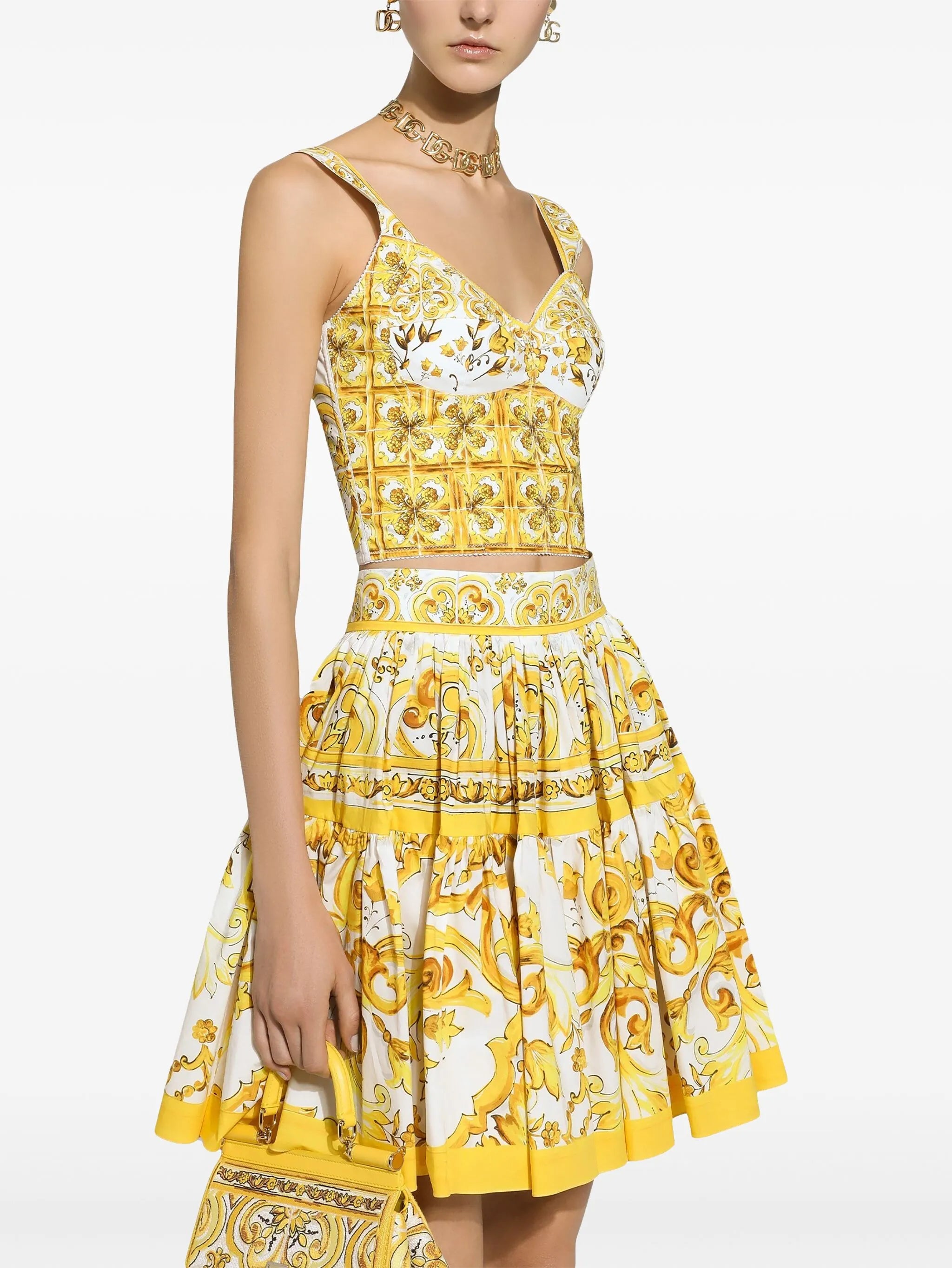 Majolica-print corset crop top