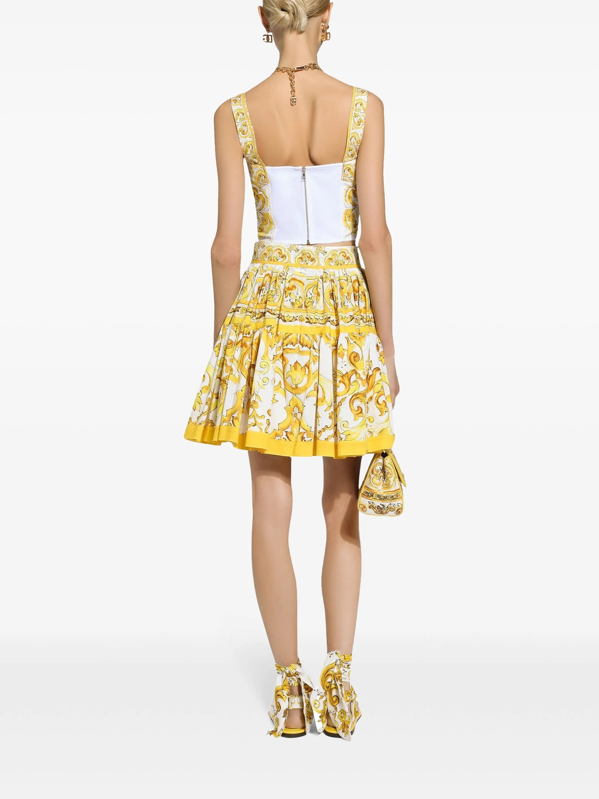 Majolica-print corset crop top