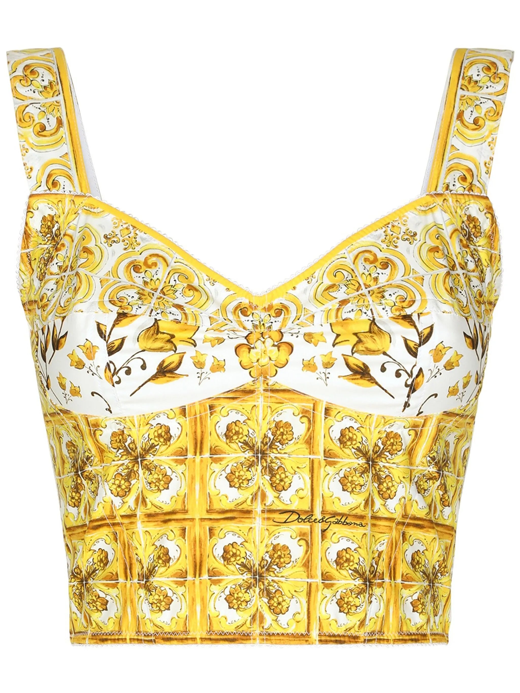 Majolica-print corset crop top