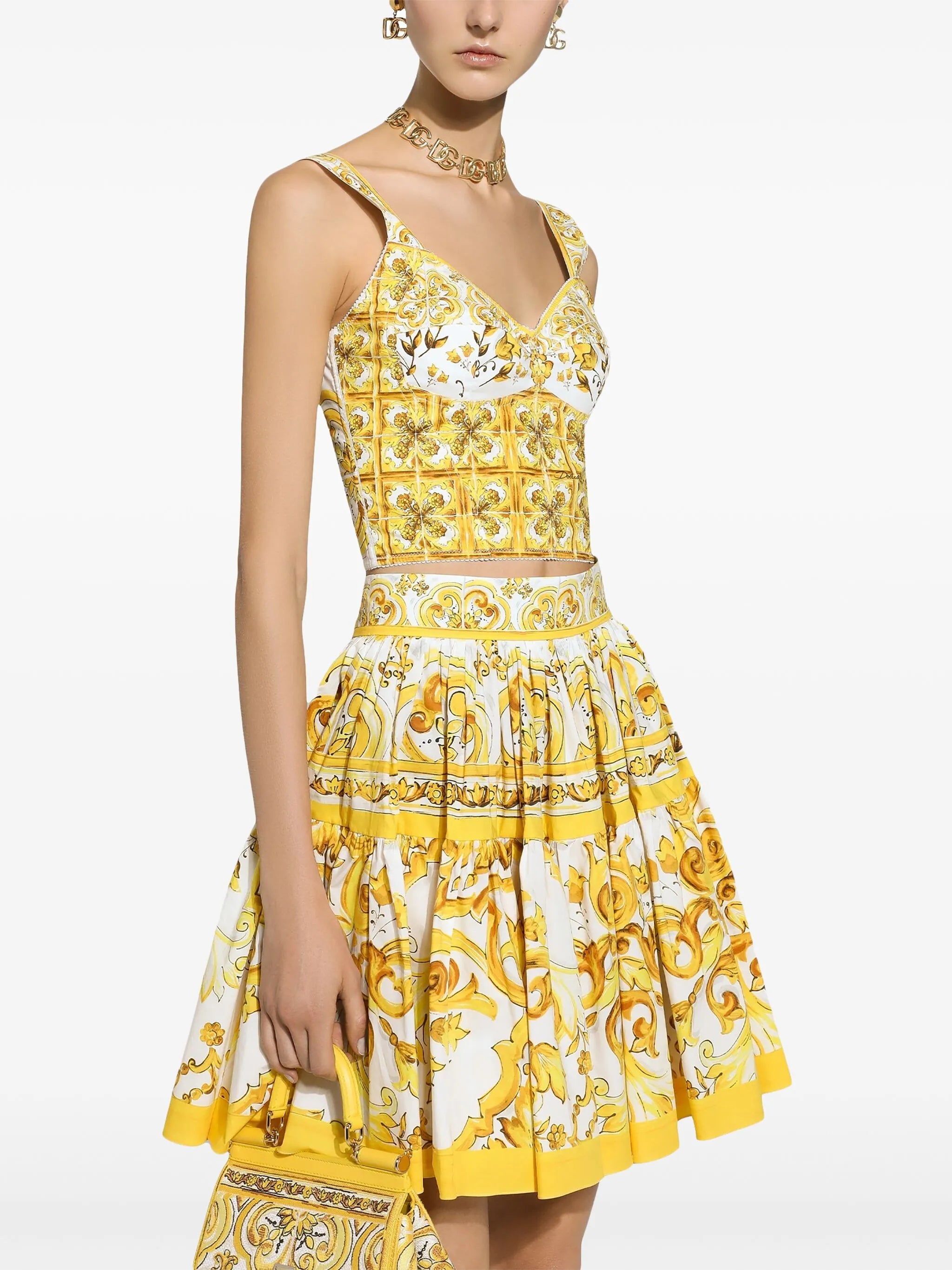 Majolica-print pleated skirt