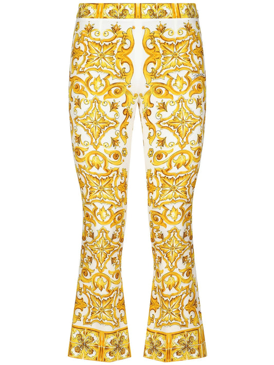 Majolica-print flared trousers