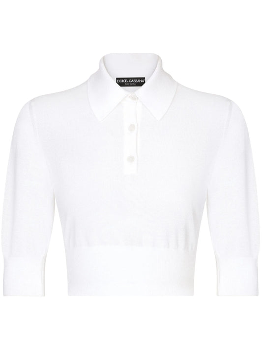 cropped fine-knit polo shirt