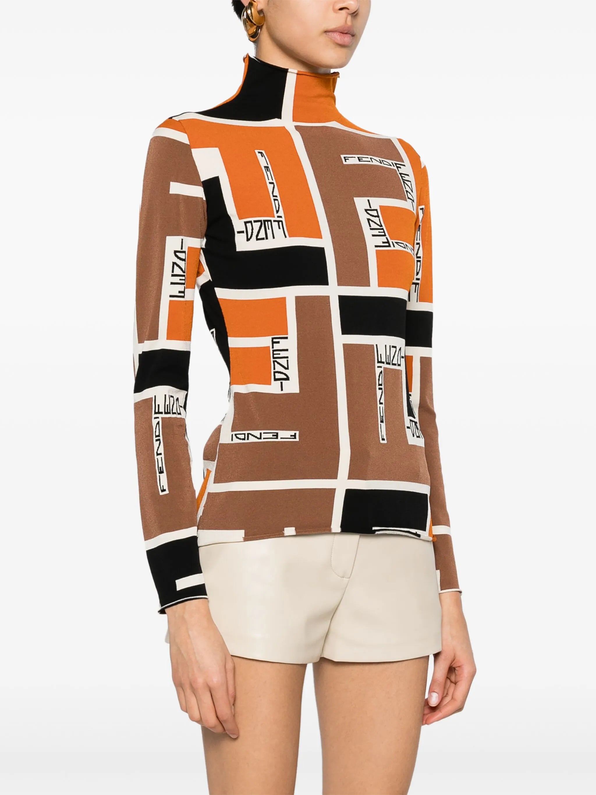 logo-jacquard mock-neck blouse
