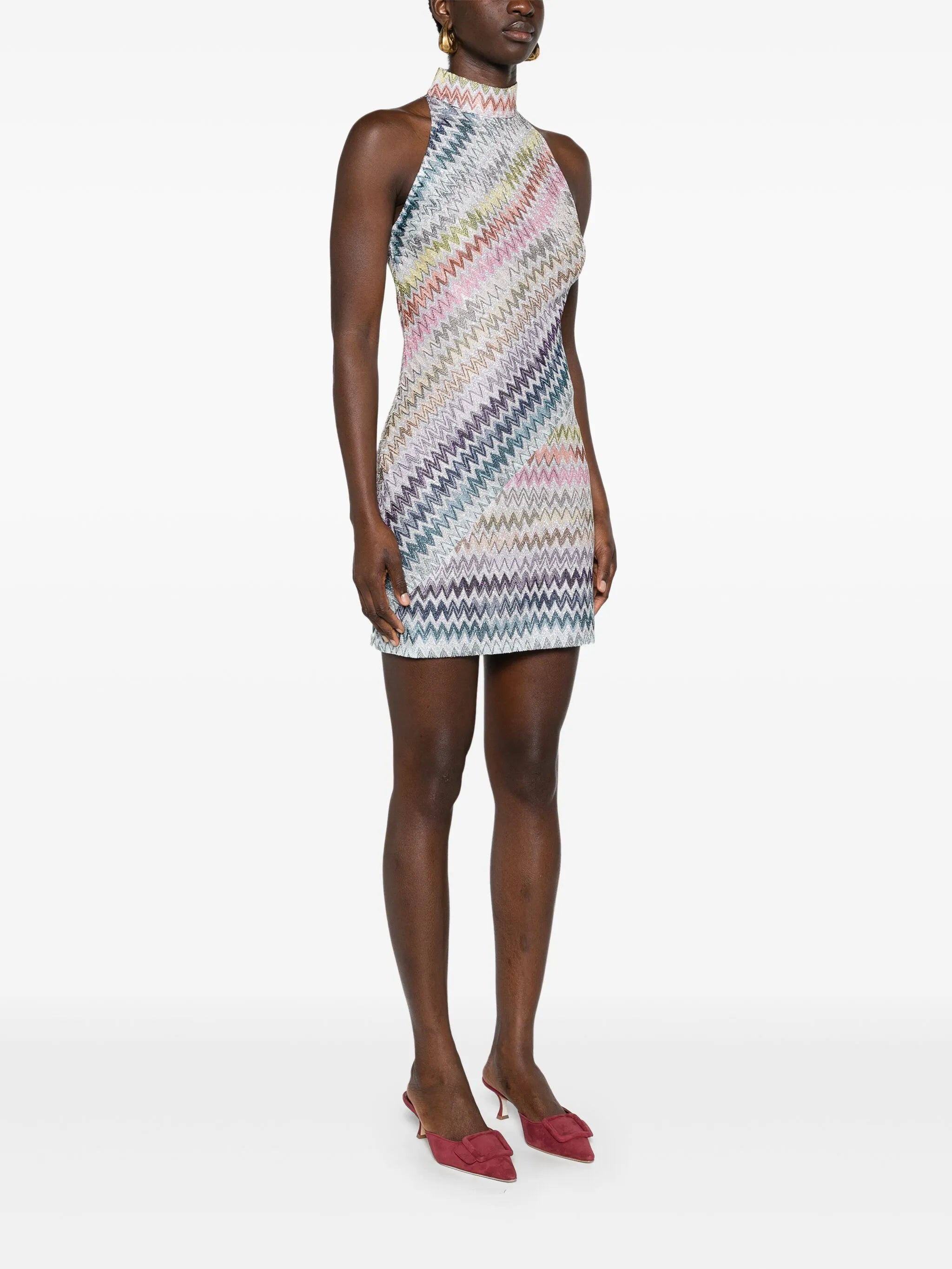 halterneck zigzag-woven minidress