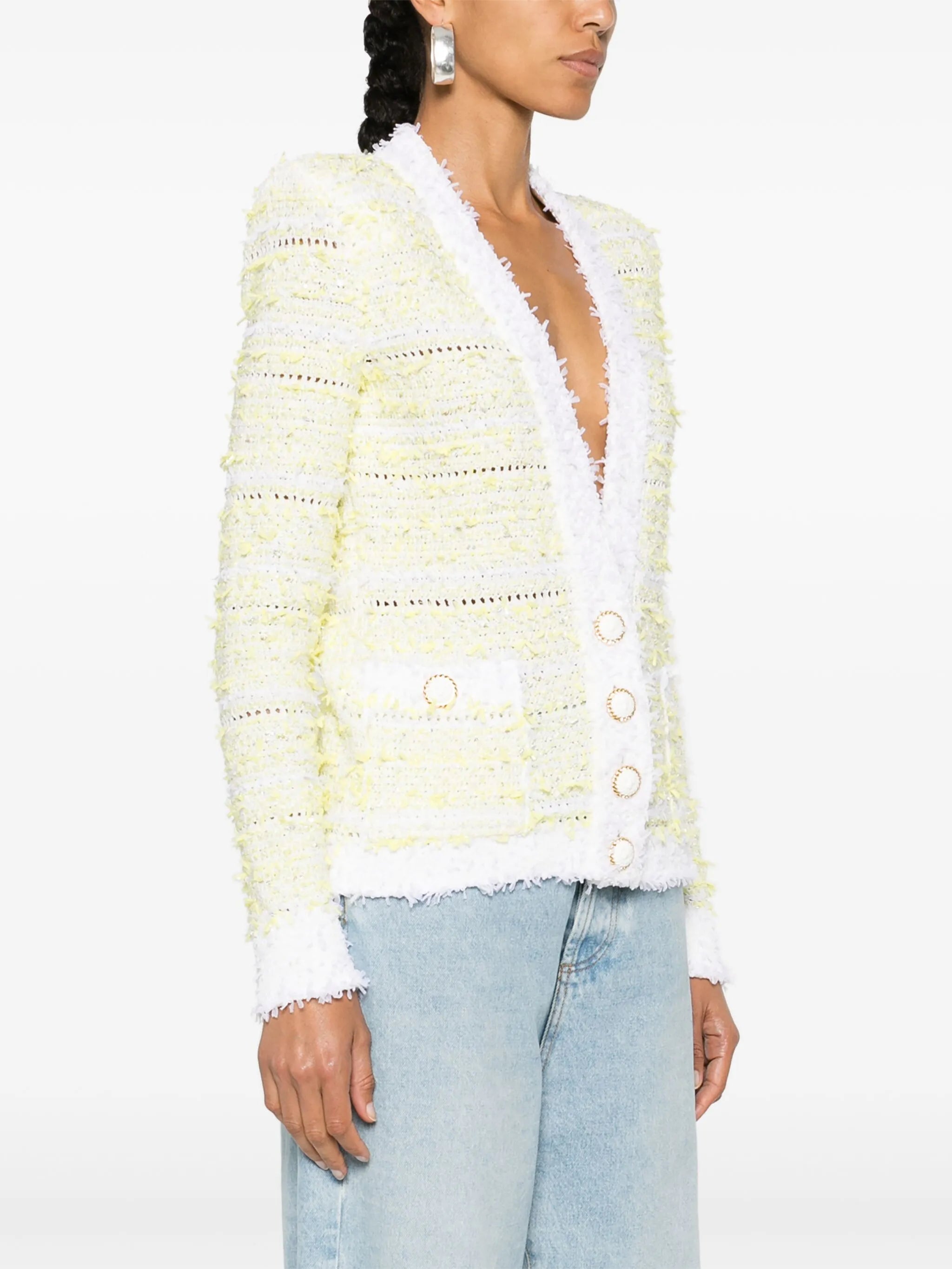 frayed-detail ribbed-knit cardigan