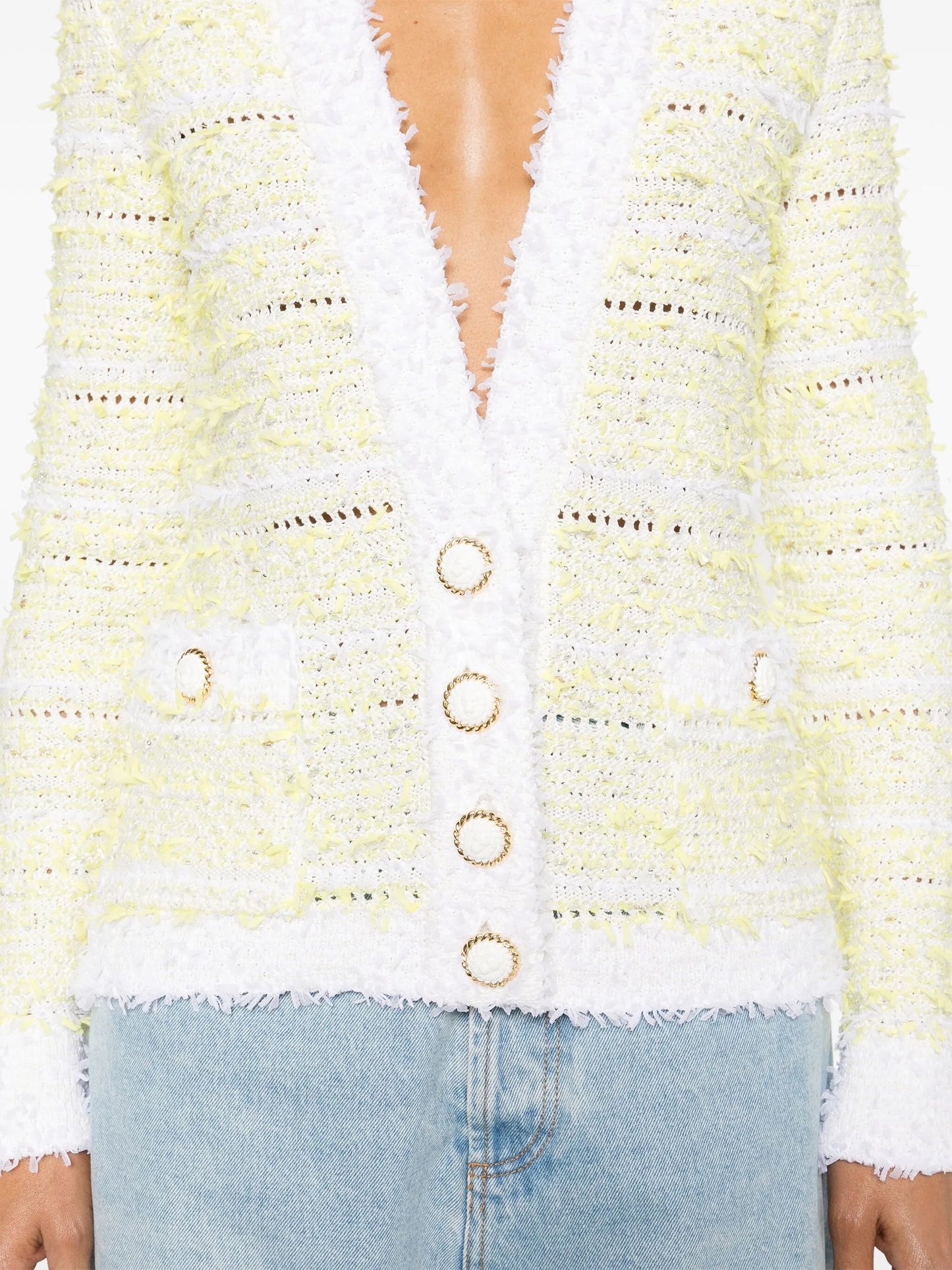 frayed-detail ribbed-knit cardigan