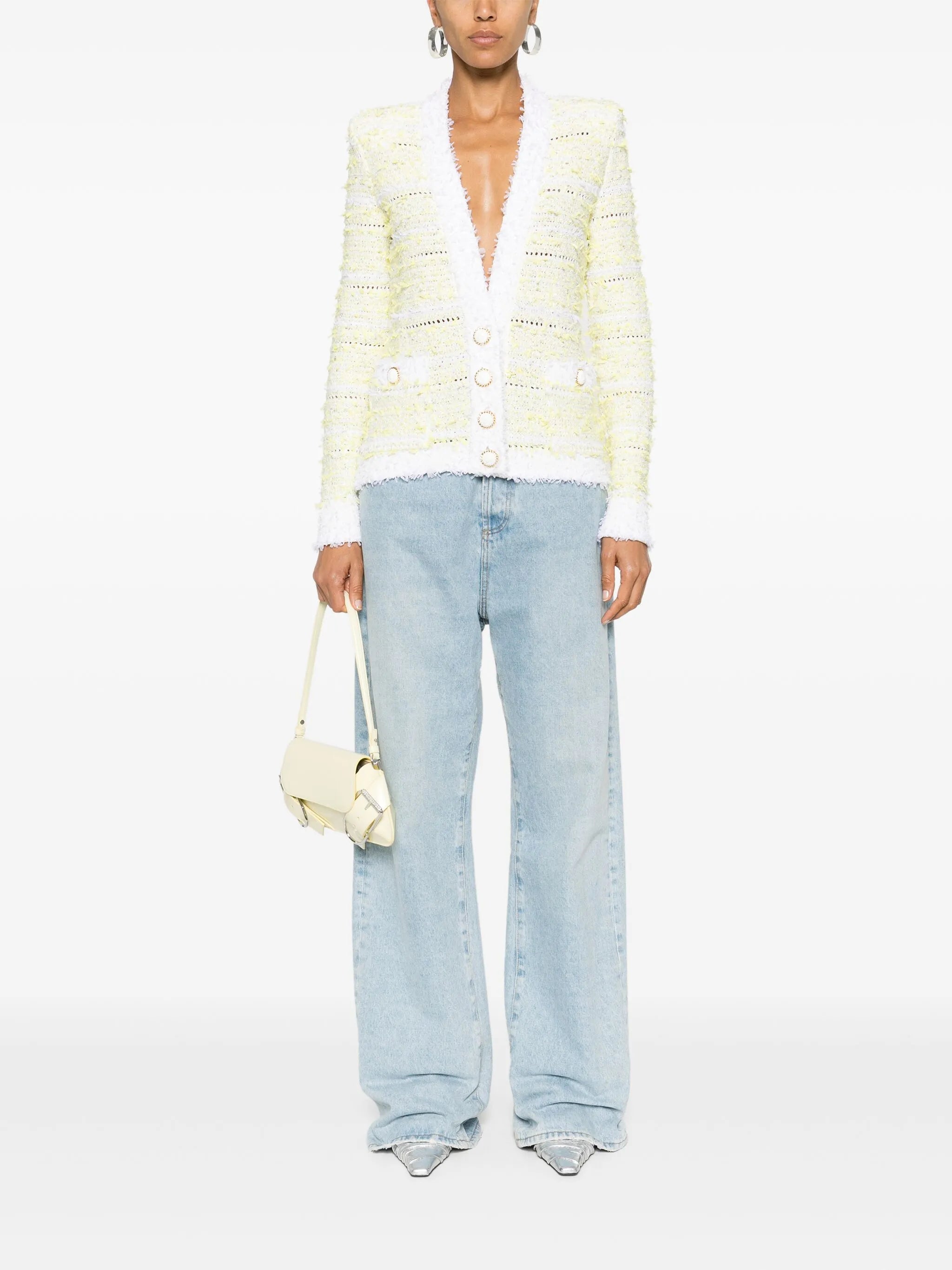 frayed-detail ribbed-knit cardigan
