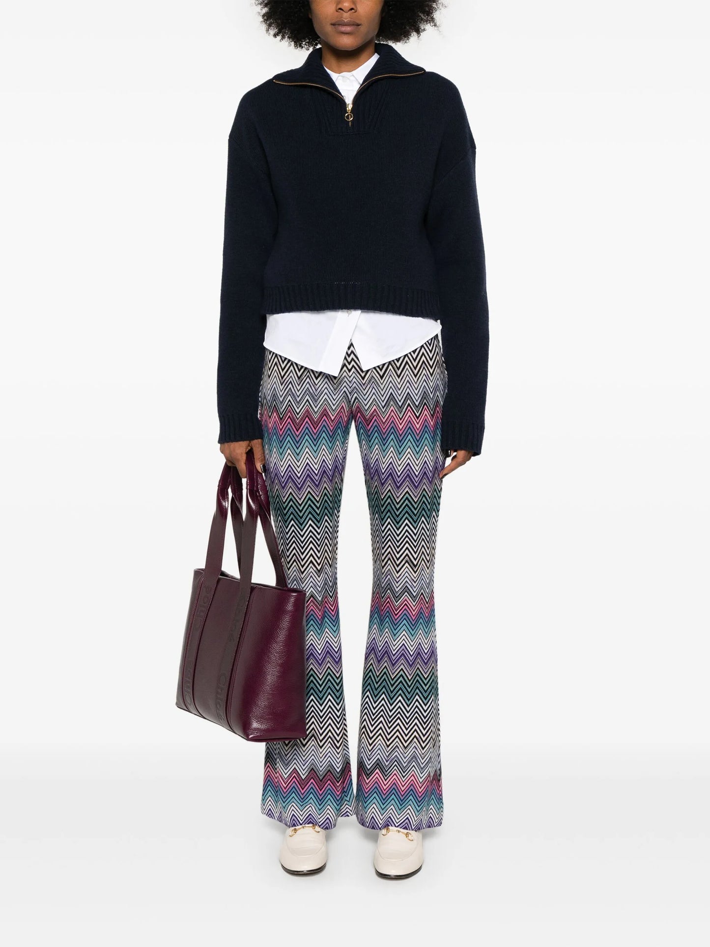 zigzag woven wool flared trousers