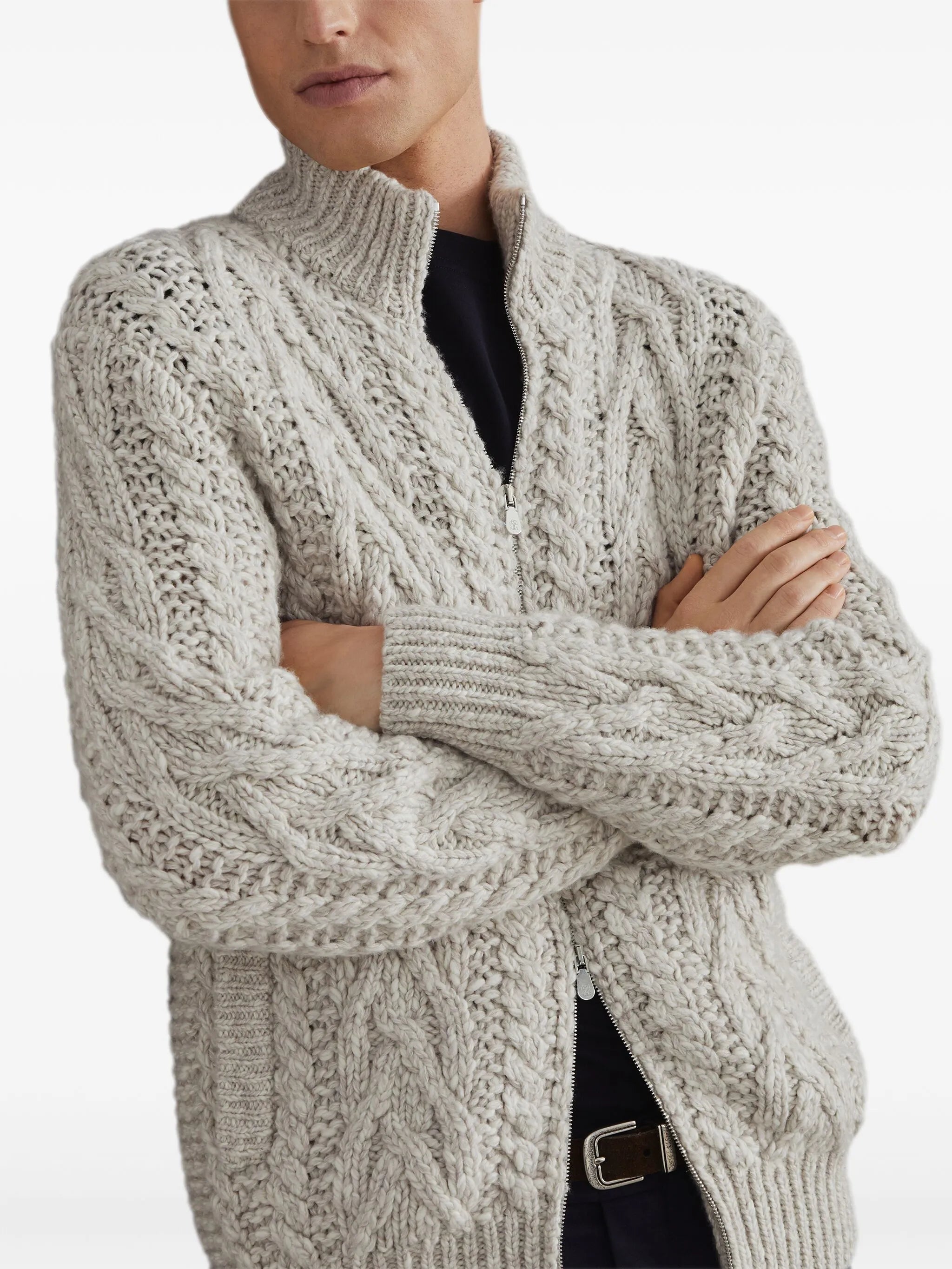 cable-knit zip-up cardigan