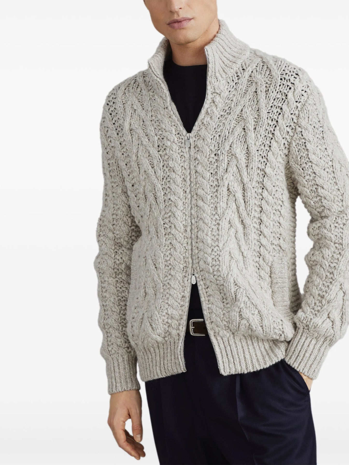 cable-knit zip-up cardigan