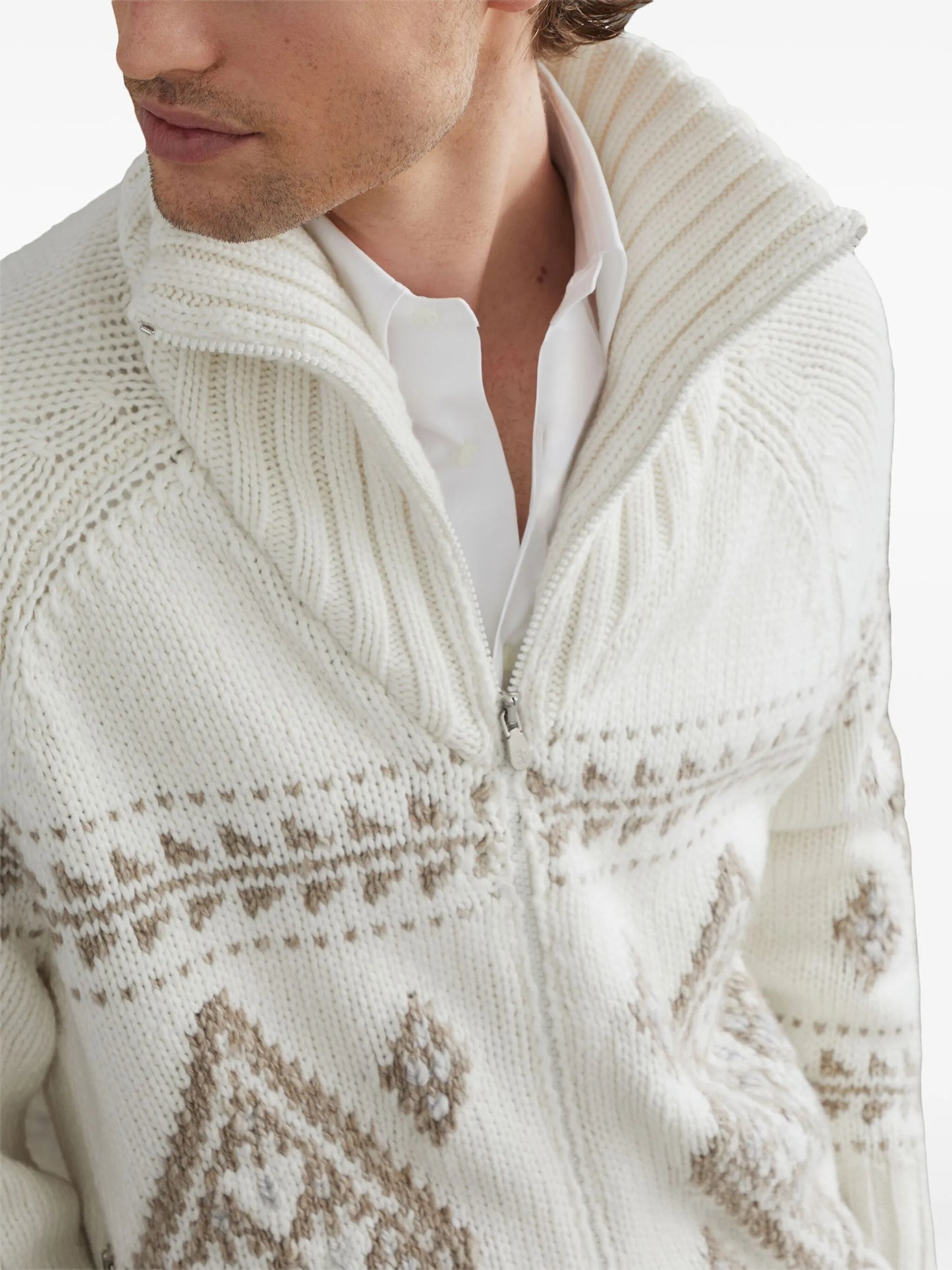 intarsia-knit zip-up cashmere cardigan