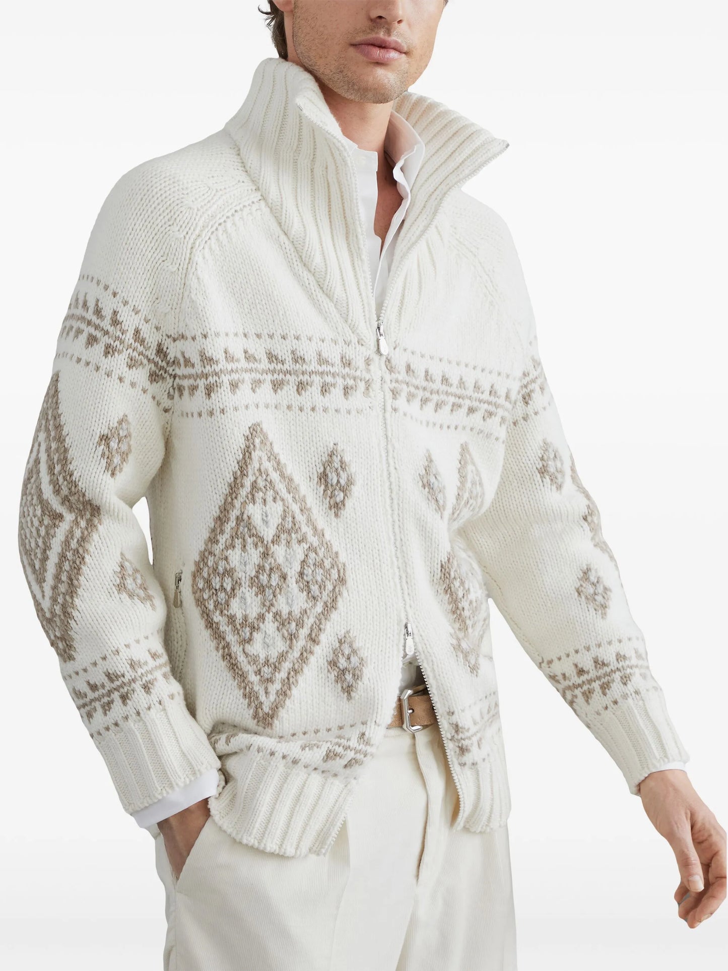 intarsia-knit zip-up cashmere cardigan