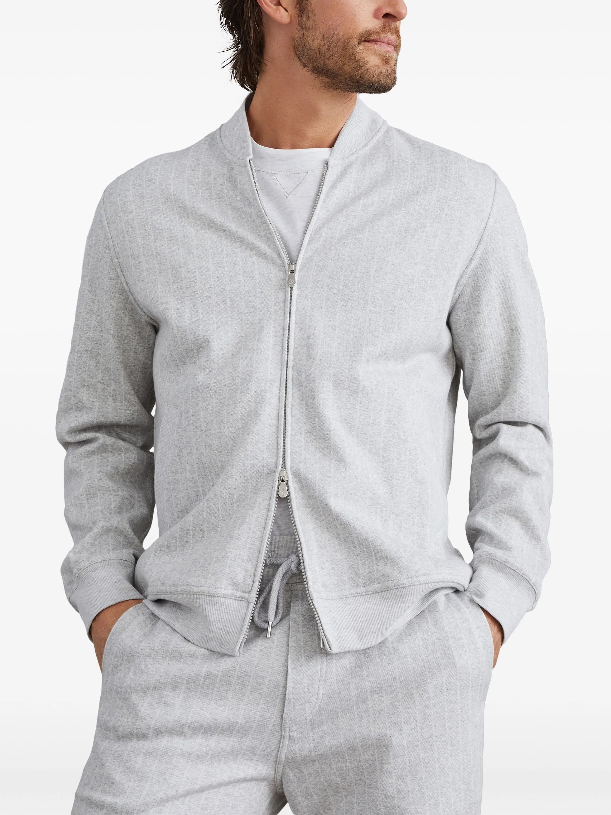 zip-up striped sweatshirt