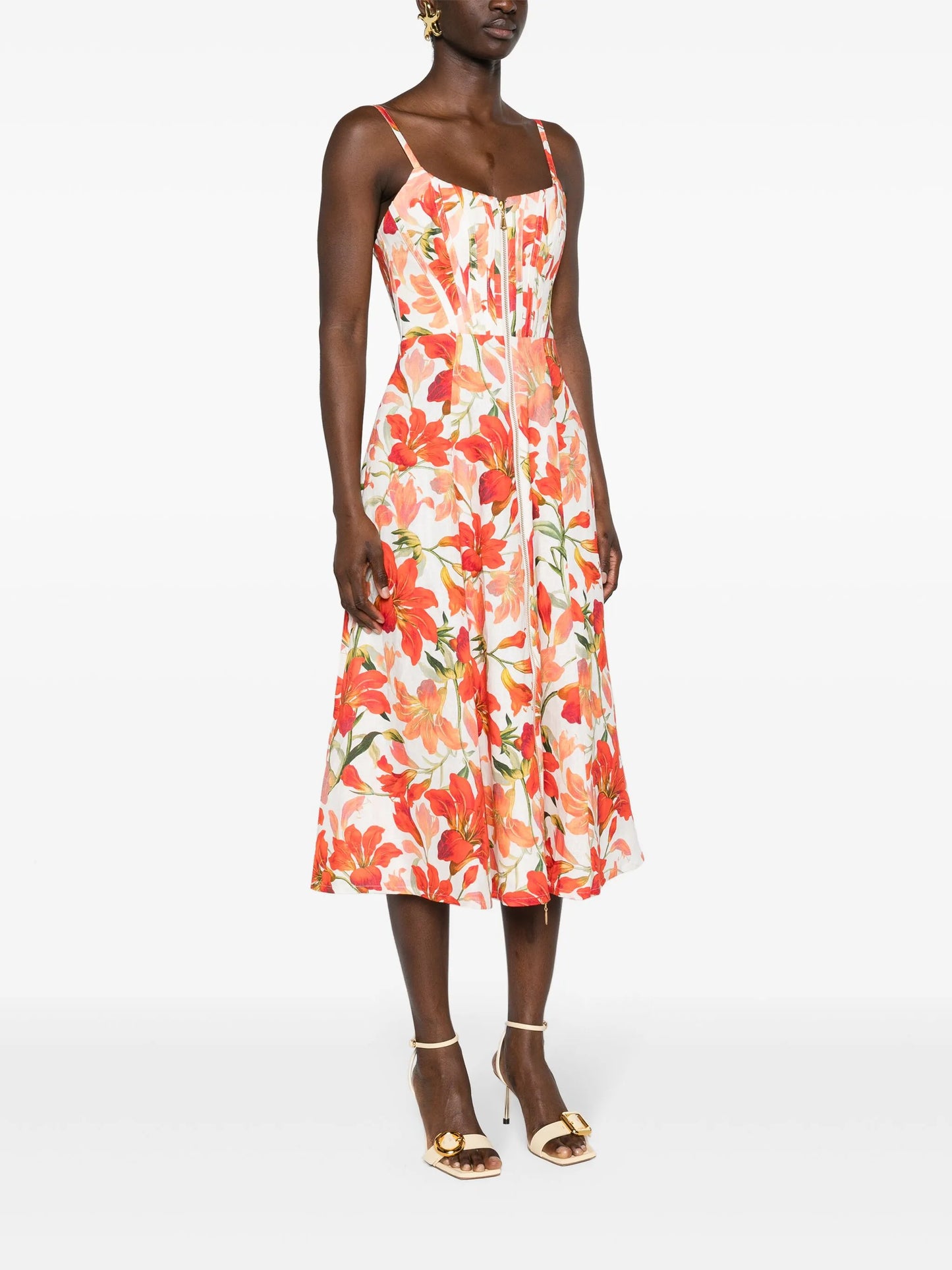 floral-print linen midi dress