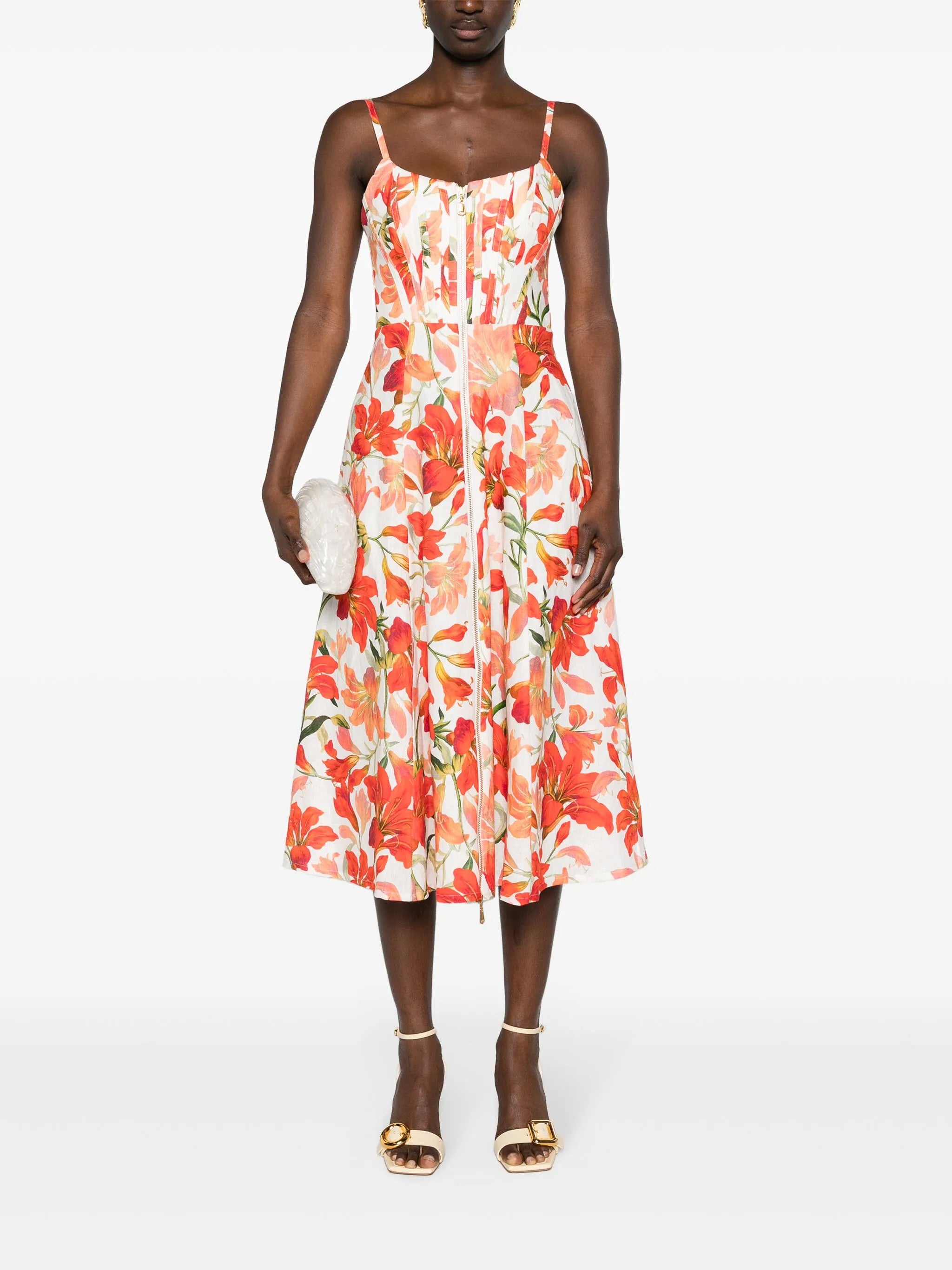 floral-print linen midi dress