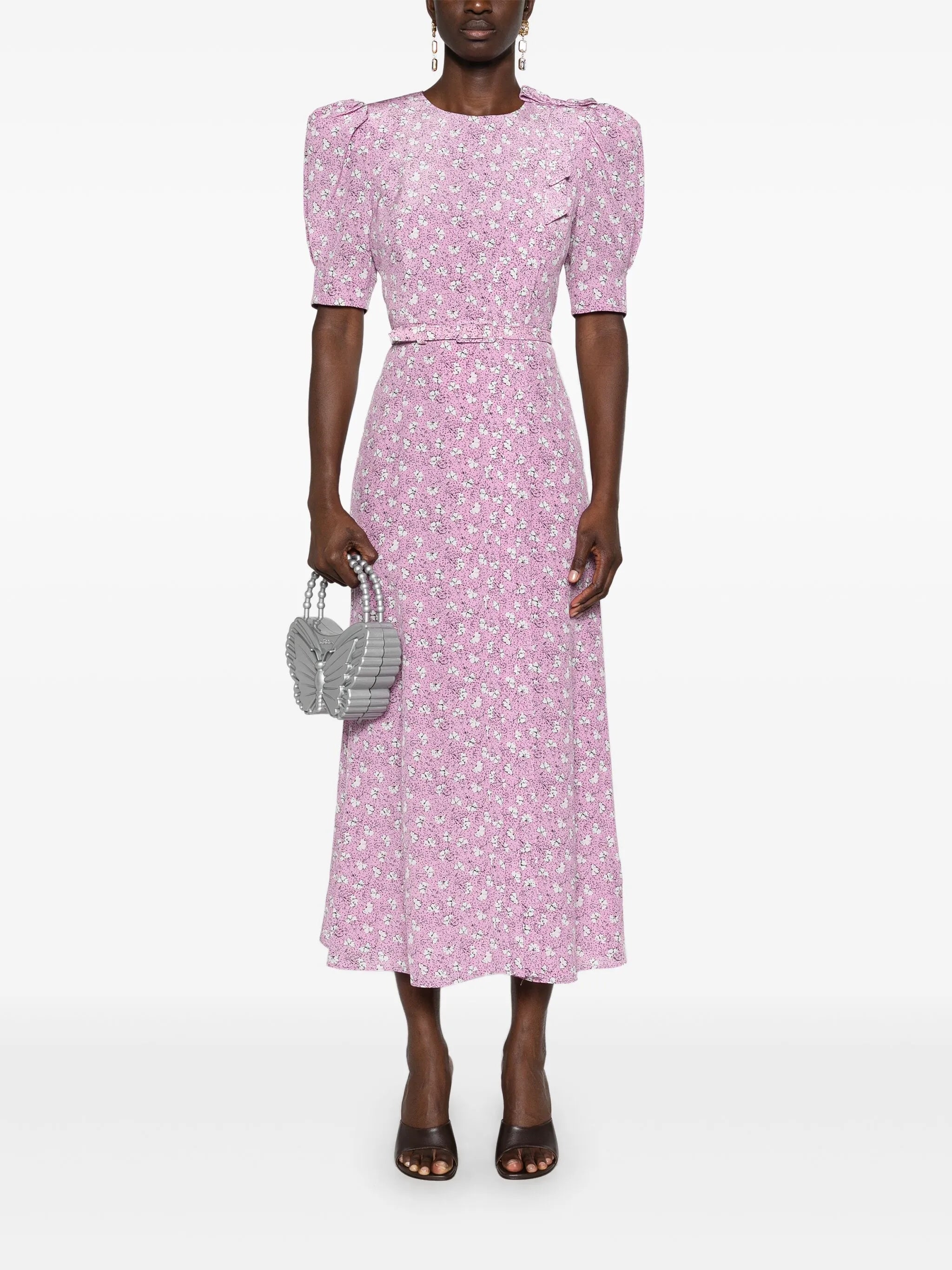 clover-print silk midi dress