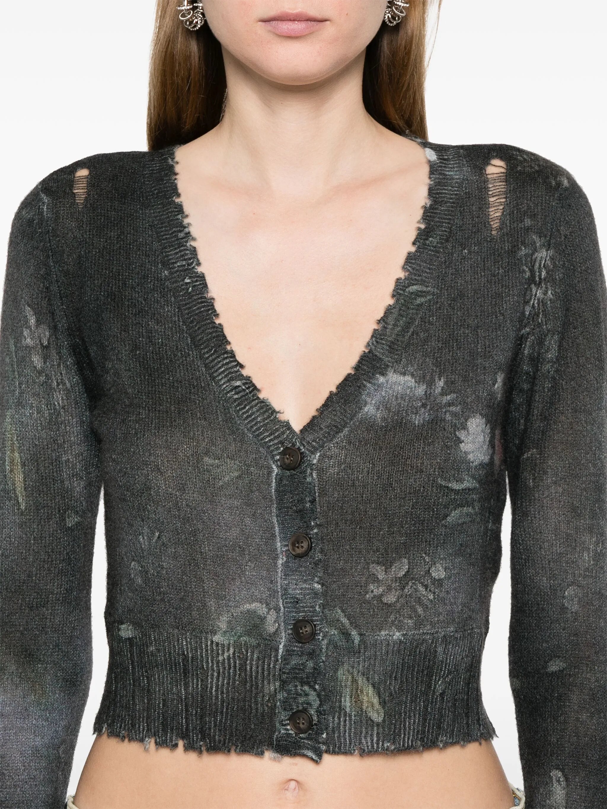 floral-print distressed cashmere cardigan
