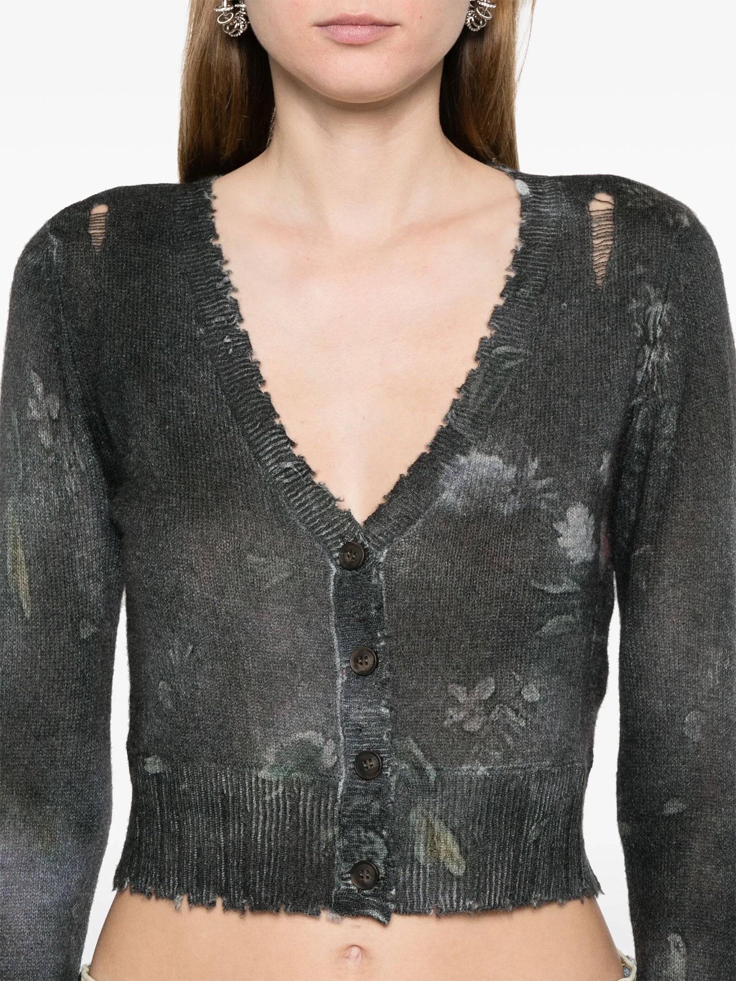 floral-print distressed cashmere cardigan
