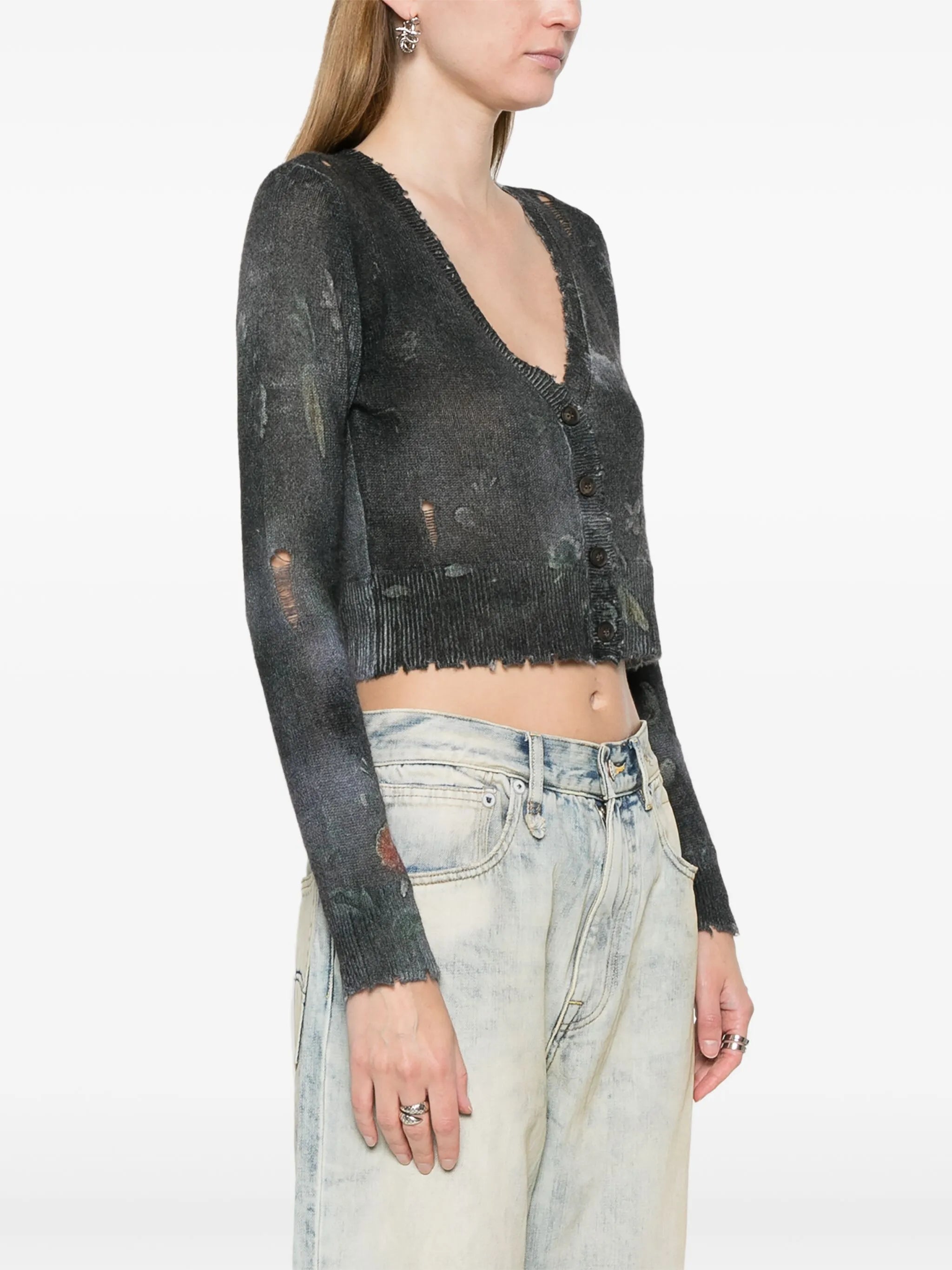 floral-print distressed cashmere cardigan