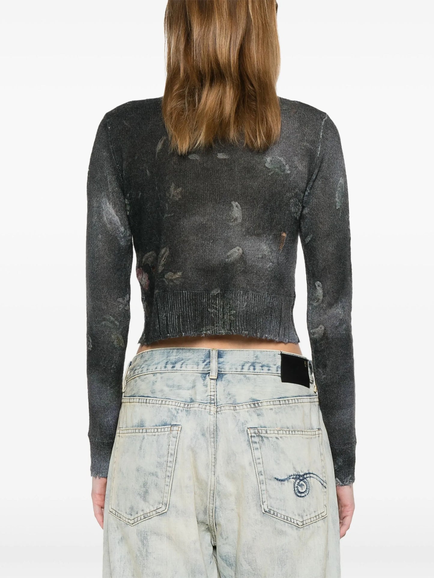 floral-print distressed cashmere cardigan