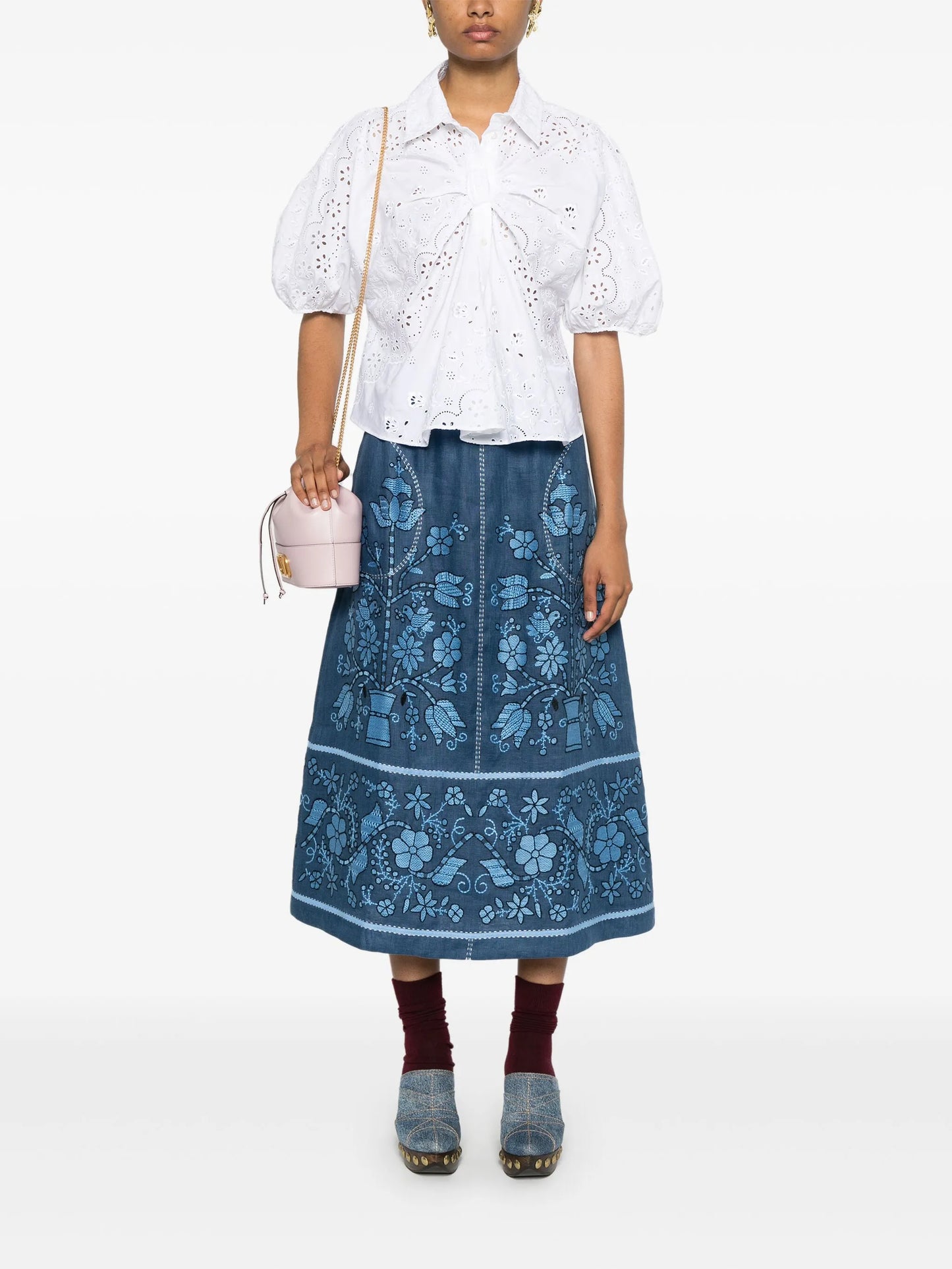 floral-embroidered linen midi skirt