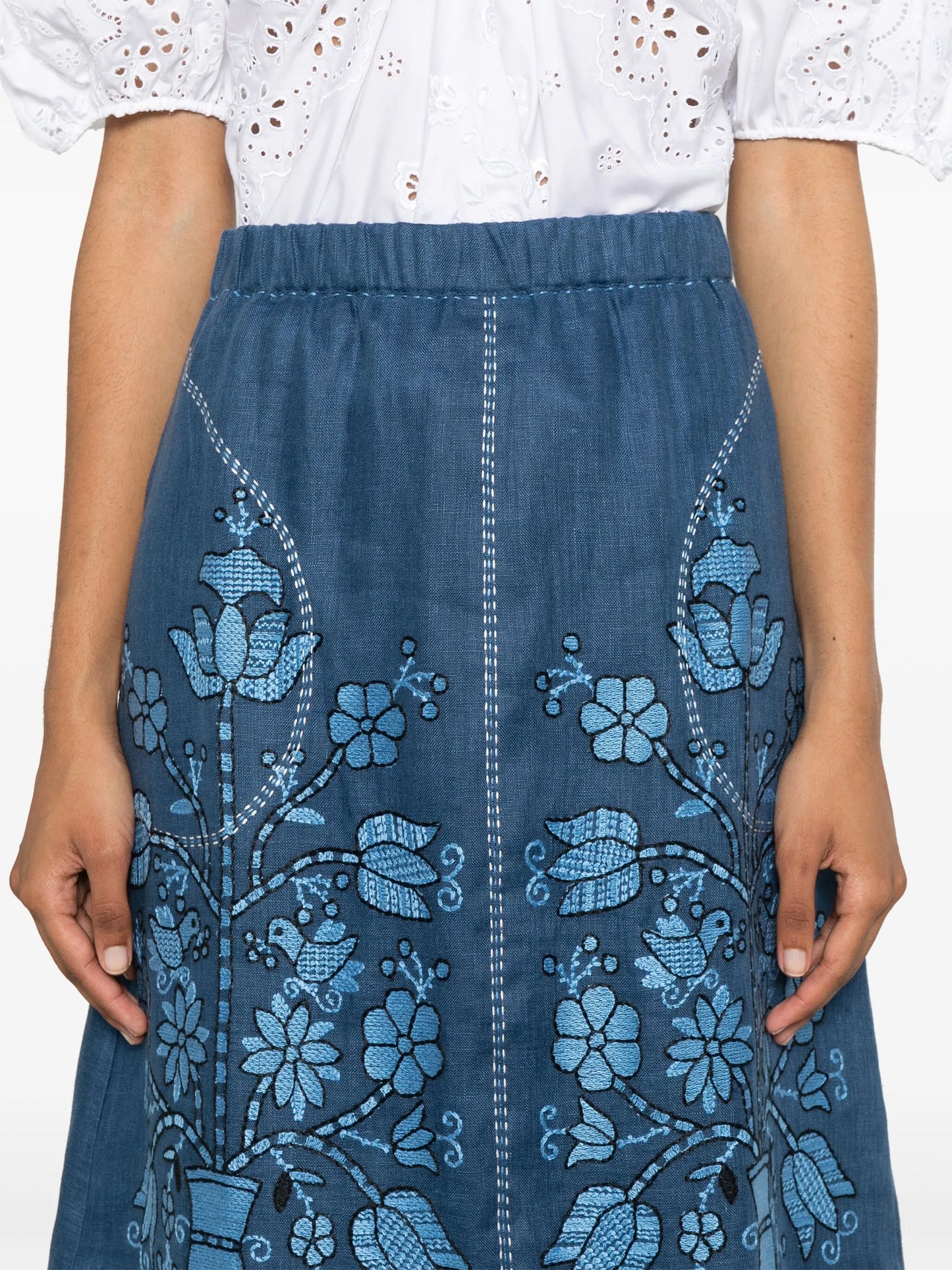 floral-embroidered linen midi skirt
