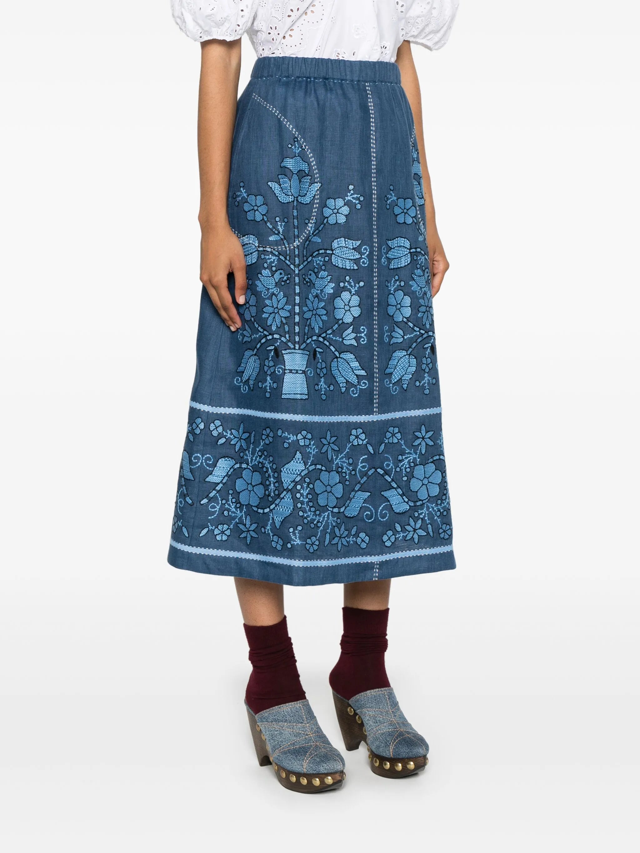 floral-embroidered linen midi skirt