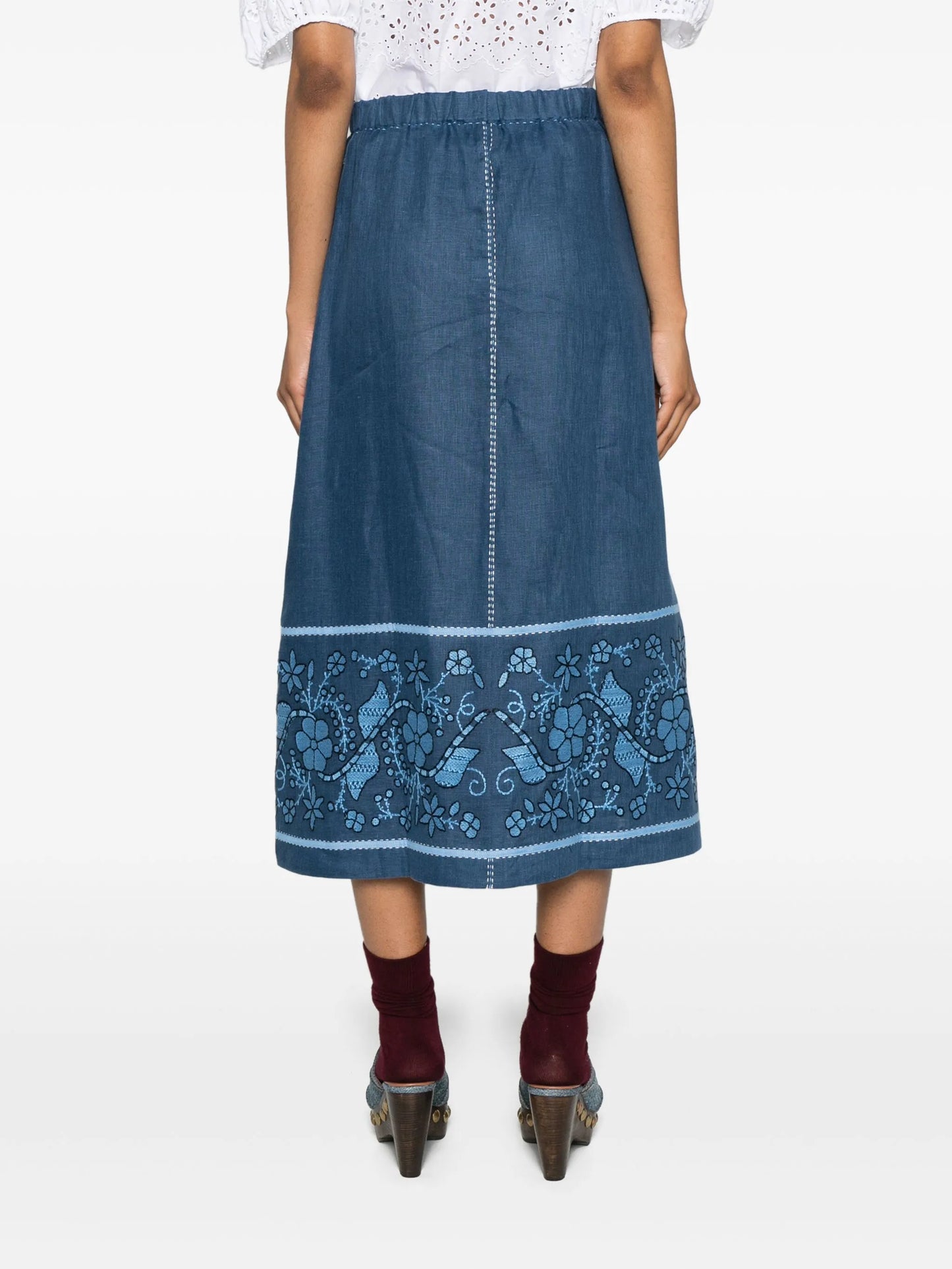 floral-embroidered linen midi skirt