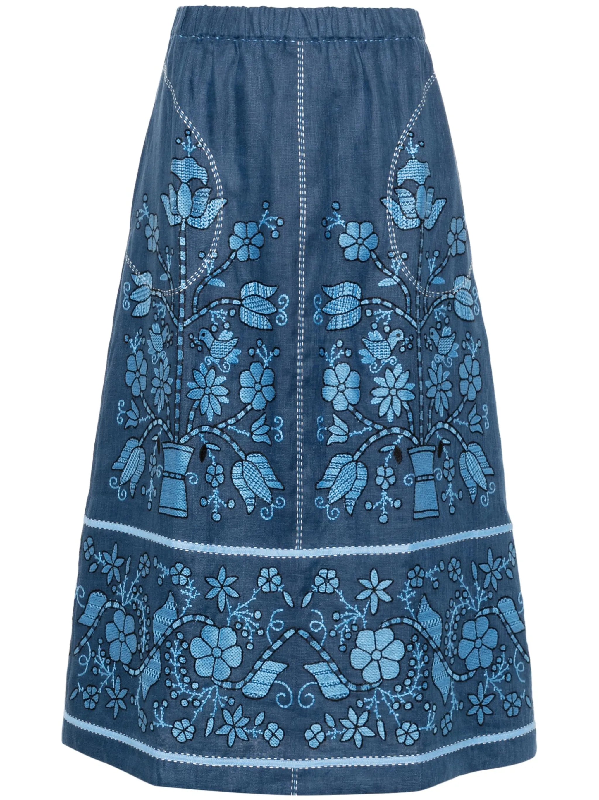 floral-embroidered linen midi skirt